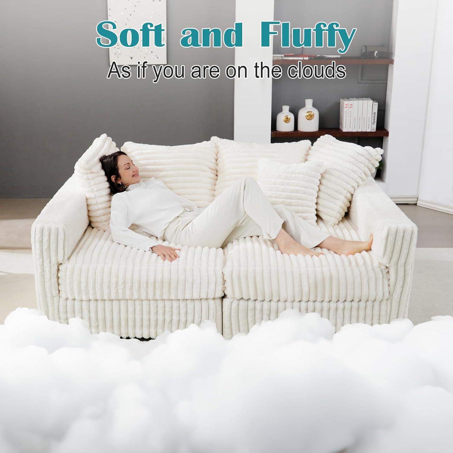 104.3''Cloud Sectional Couch,Oversized Living Room Convertible Sofa, Plush Corduroy Sofa W/6 Soft Pillows,4 Deep Seat Memory Foam Couches,Plush Couch for Living Room, Apartment (Beige)