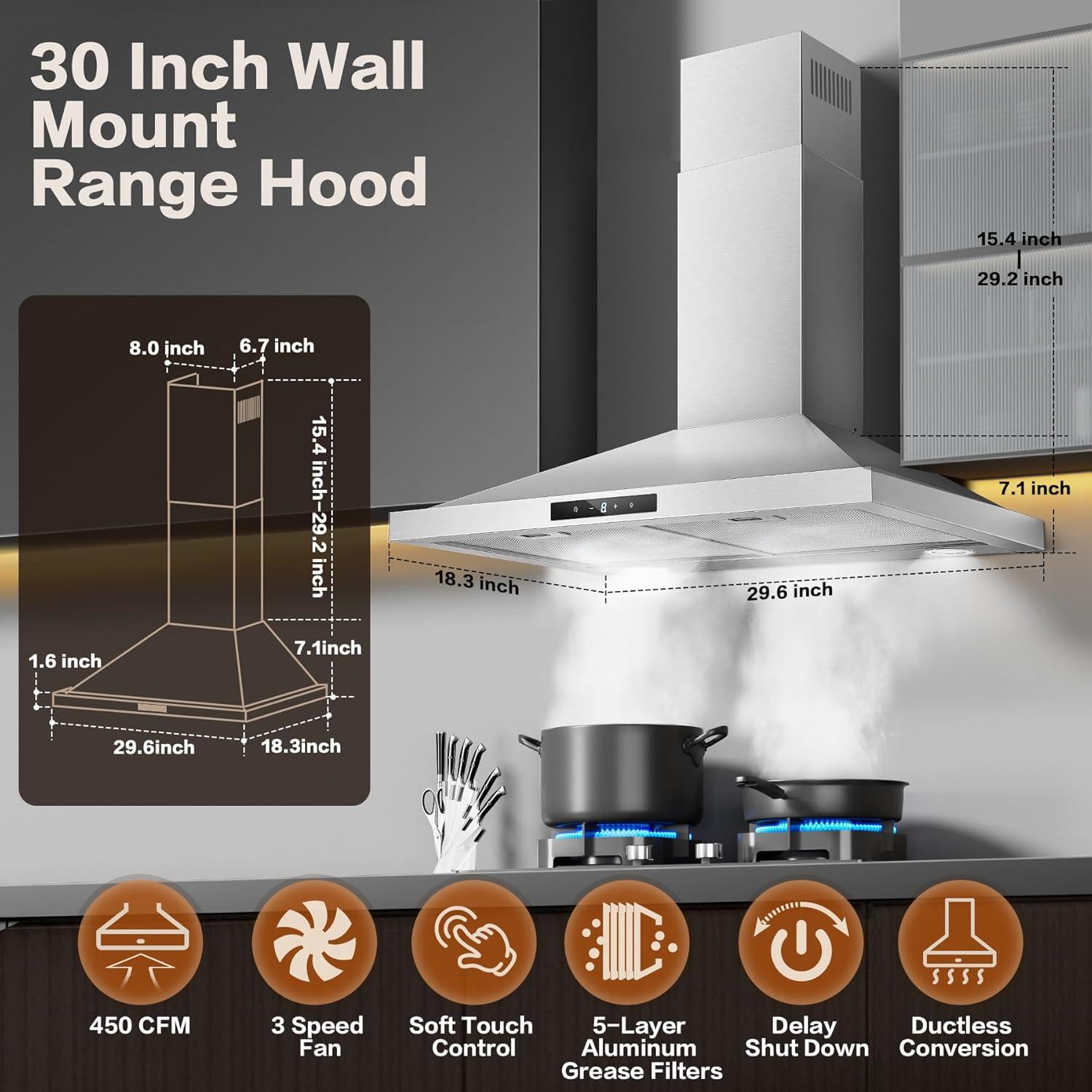 30" 450 CFM Convertible Wall Mount Range Hood in Stainless Steel