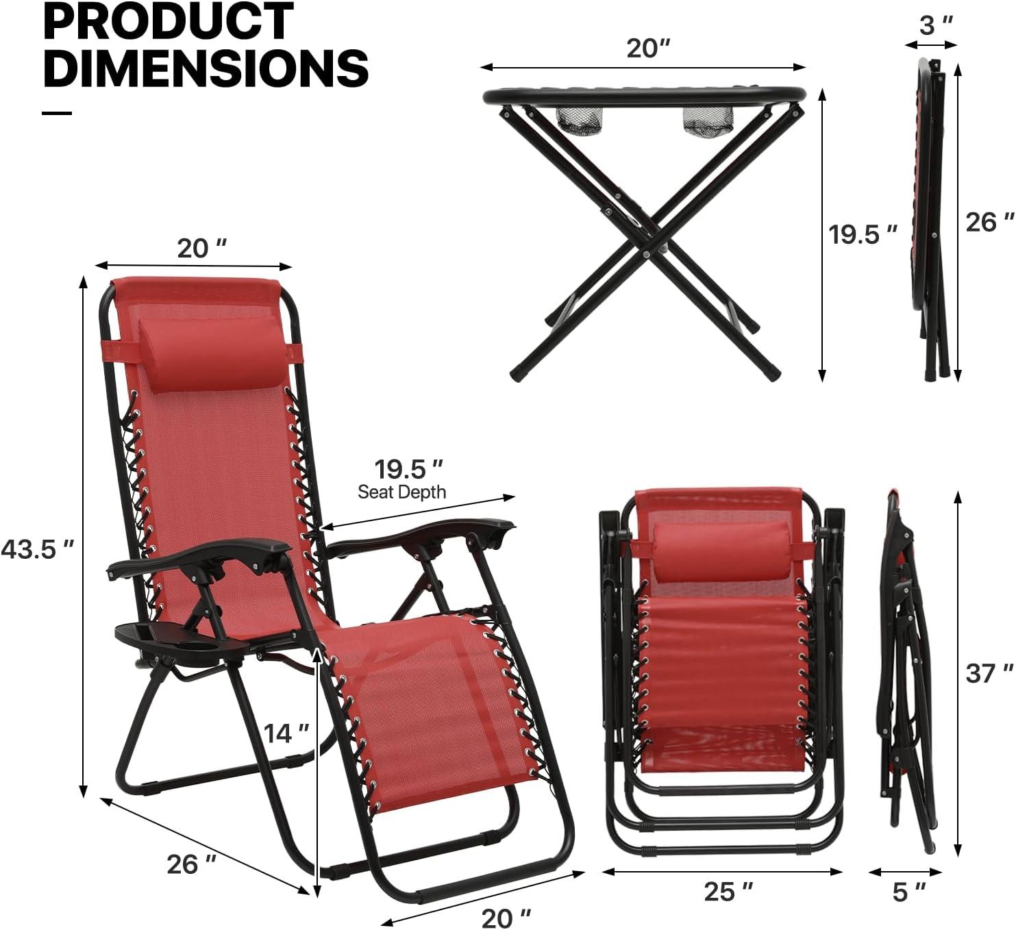 Maroon Adjustable Zero Gravity Outdoor Lounger Set with Table