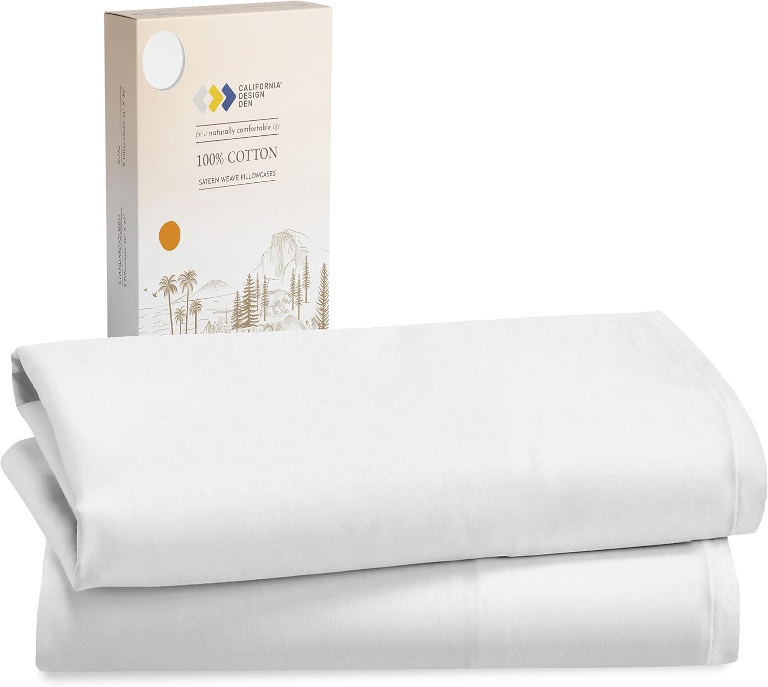 California Design Den King Size Pillow Cases, 100% Cotton Pillow Cases, Set of 2 Soft & Cooling Sateen Weave Pillowcase Set, for King Size Pillows, Bright White