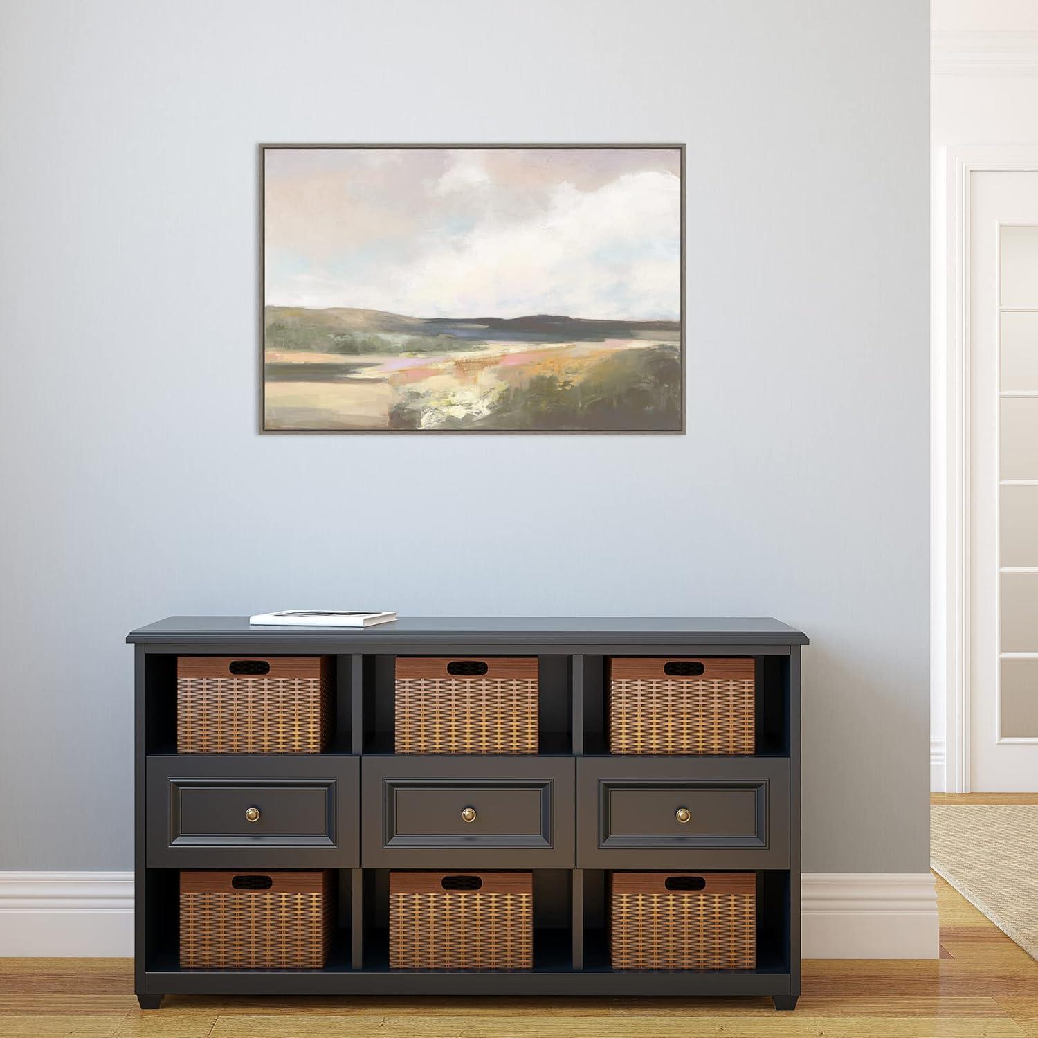 33" x 23" Dawn by The Water Neutral by Julia Purinton Framed Canvas Wall Art Print - Amanti Art: Rolling Hills & Waves
