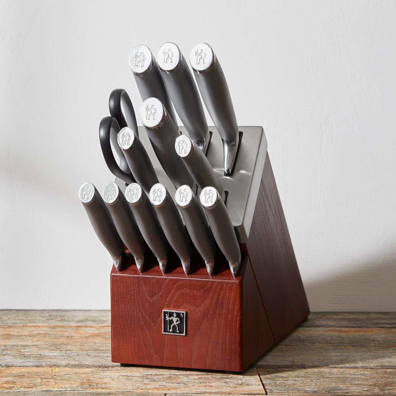Henckels Modernist 14-pc Self-Sharpening Knife Set with Block, Chef Knife, Paring Knife, Bread Knife, Steak Knife, Dark Brown, Stainless Steel, Walnut