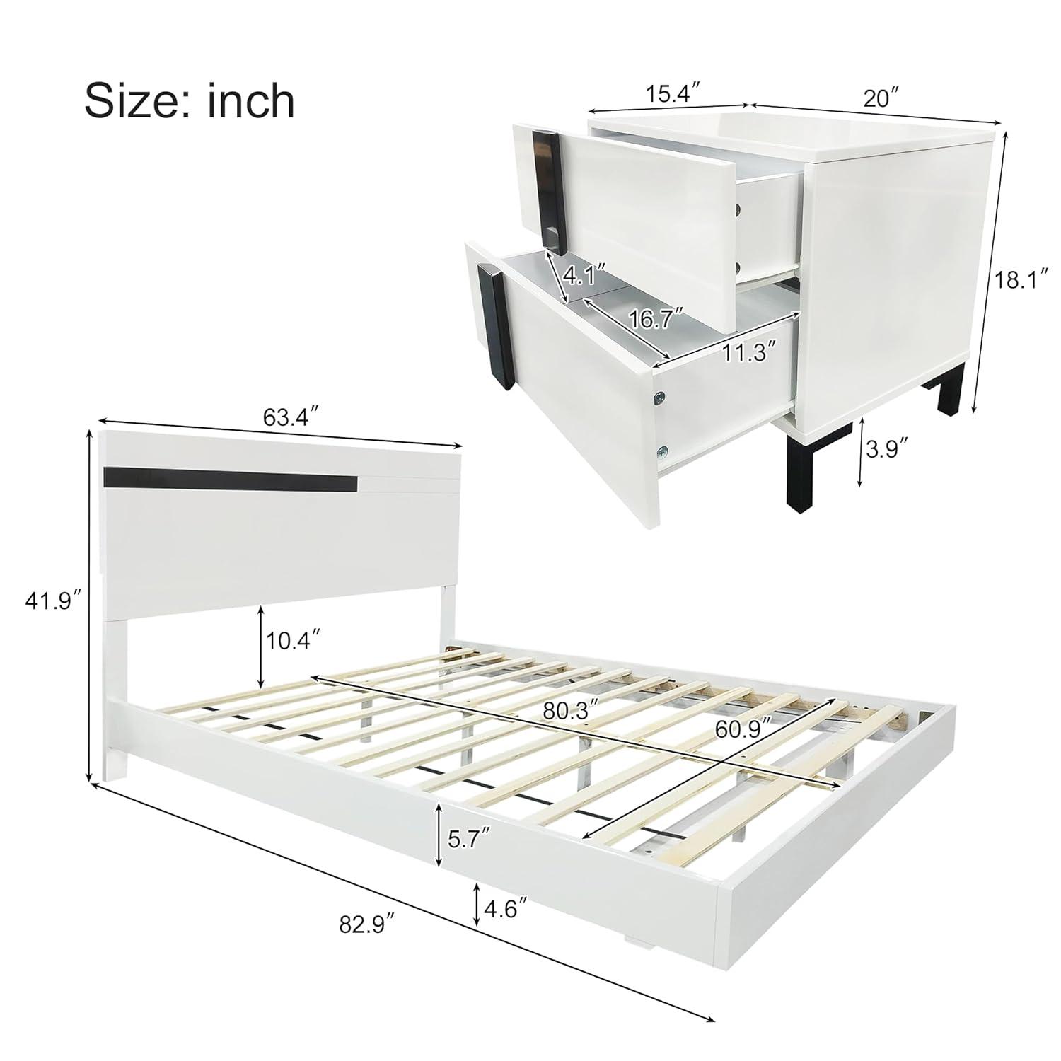 Modern High Gloss 3-Piece Bedroom Set Floating Bed Frame Queen Size Platform Bed with LED Light & 2 Nightstands, White