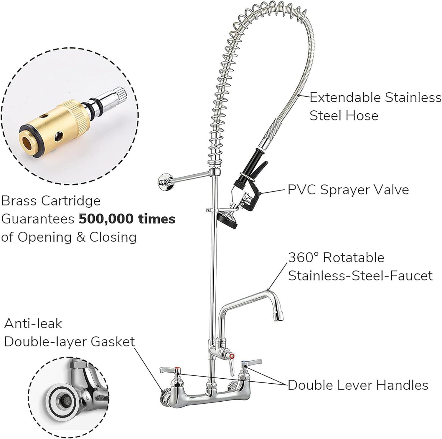 Aquaterior 44" Commercial Pre-Rinse Kitchen Faucet 12" Add-on Spout Wall Mount CUPC NSF CEC
