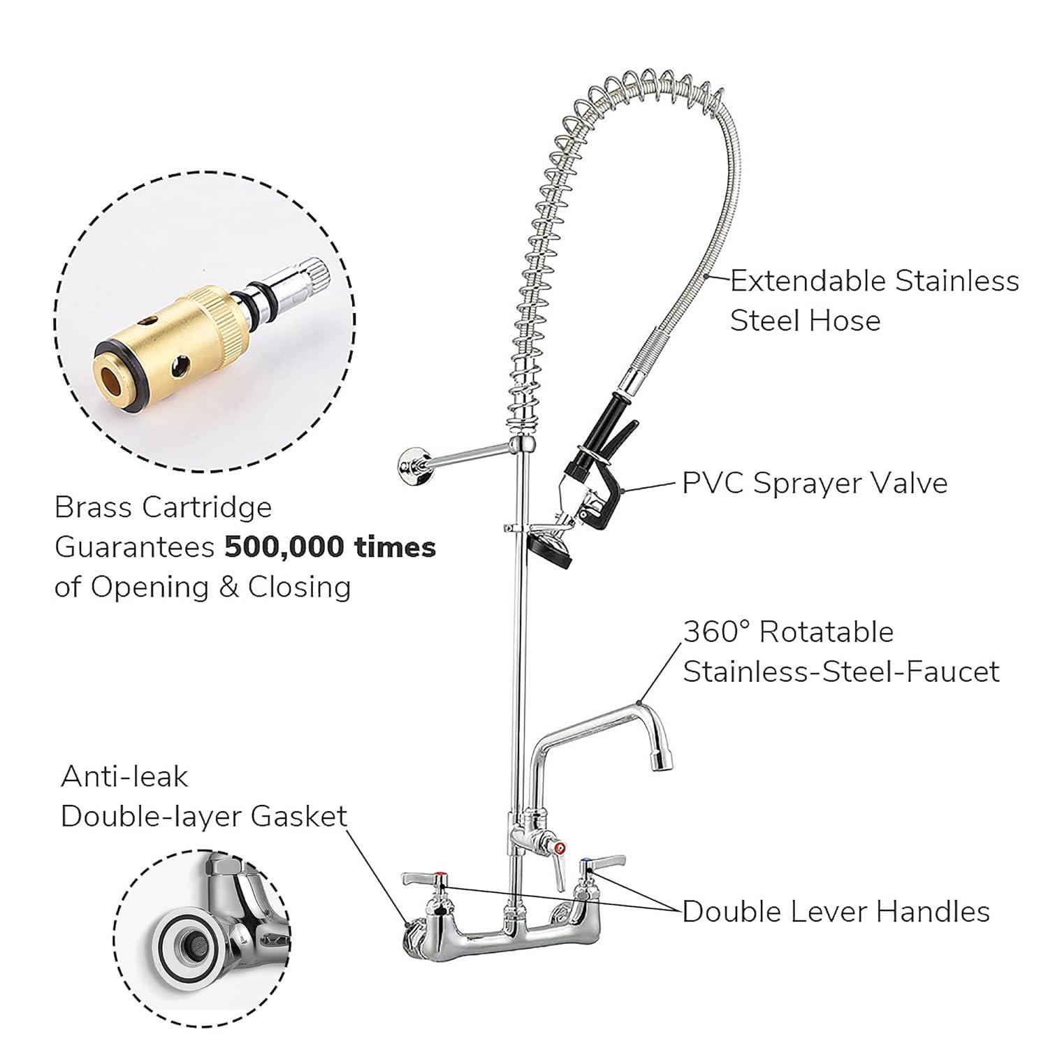 Aquaterior 44" Commercial Pre-Rinse Kitchen Faucet 12" Add-on Spout Wall Mount CUPC NSF CEC