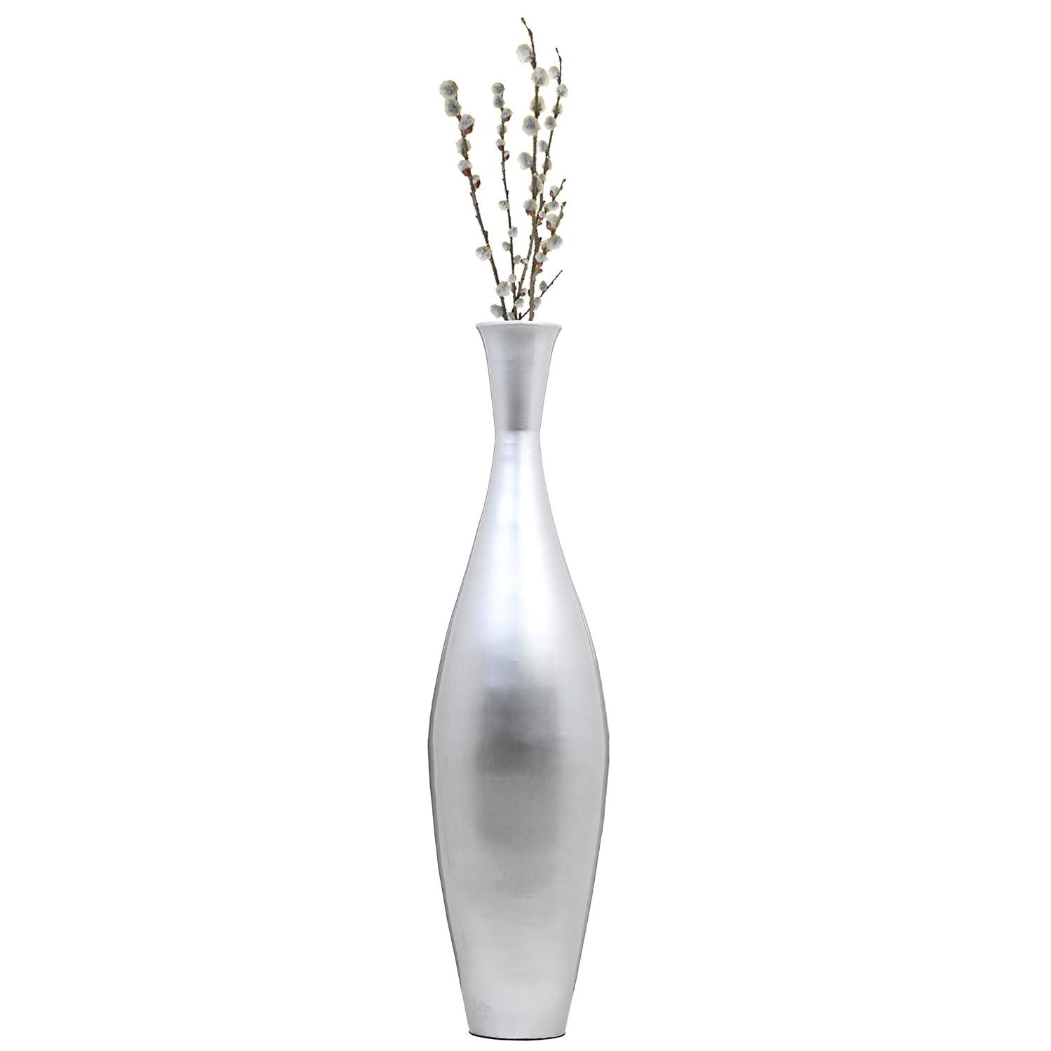 Tall 43 Inch Modern Bamboo Narrow Trumpet Floor Vase - Elegant Decoration Modern Accent Piece, Living Room Decor, Handcrafted Bamboo Art, Silver Large