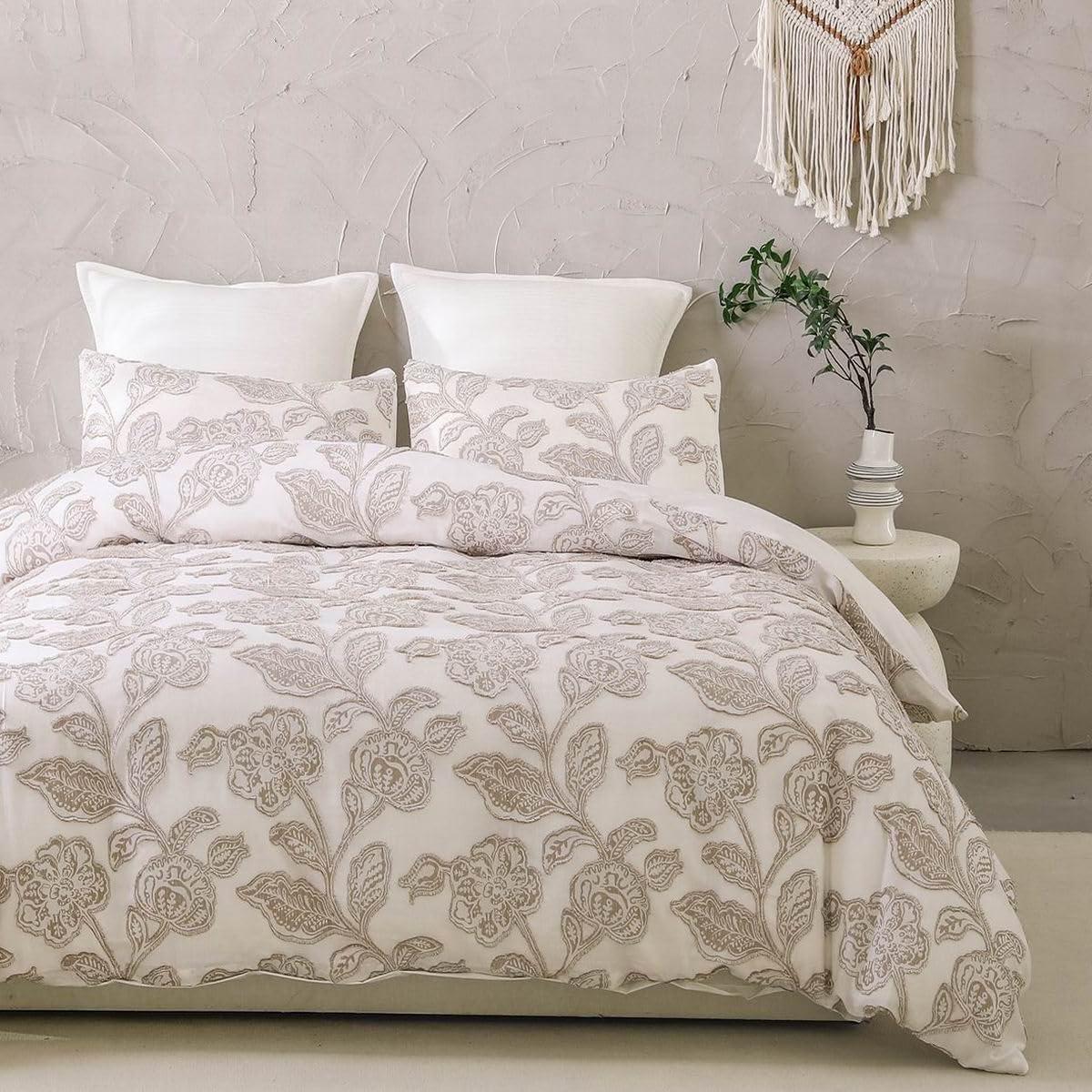 Khaki Cotton Jacquard Floral King Duvet Cover Set