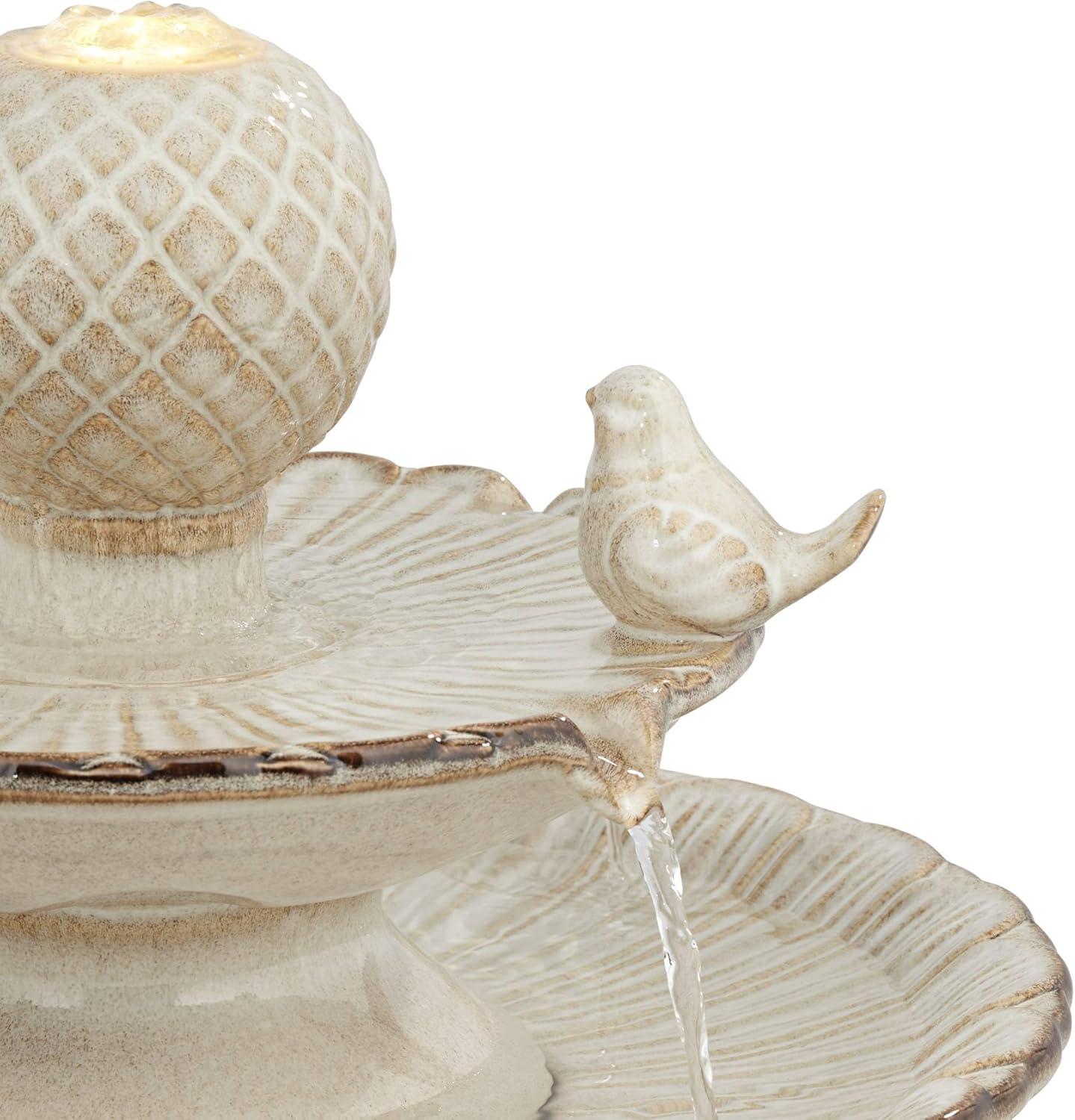 Cream Ceramic 2-Tier LED Outdoor Floor Fountain with Bird Statuette