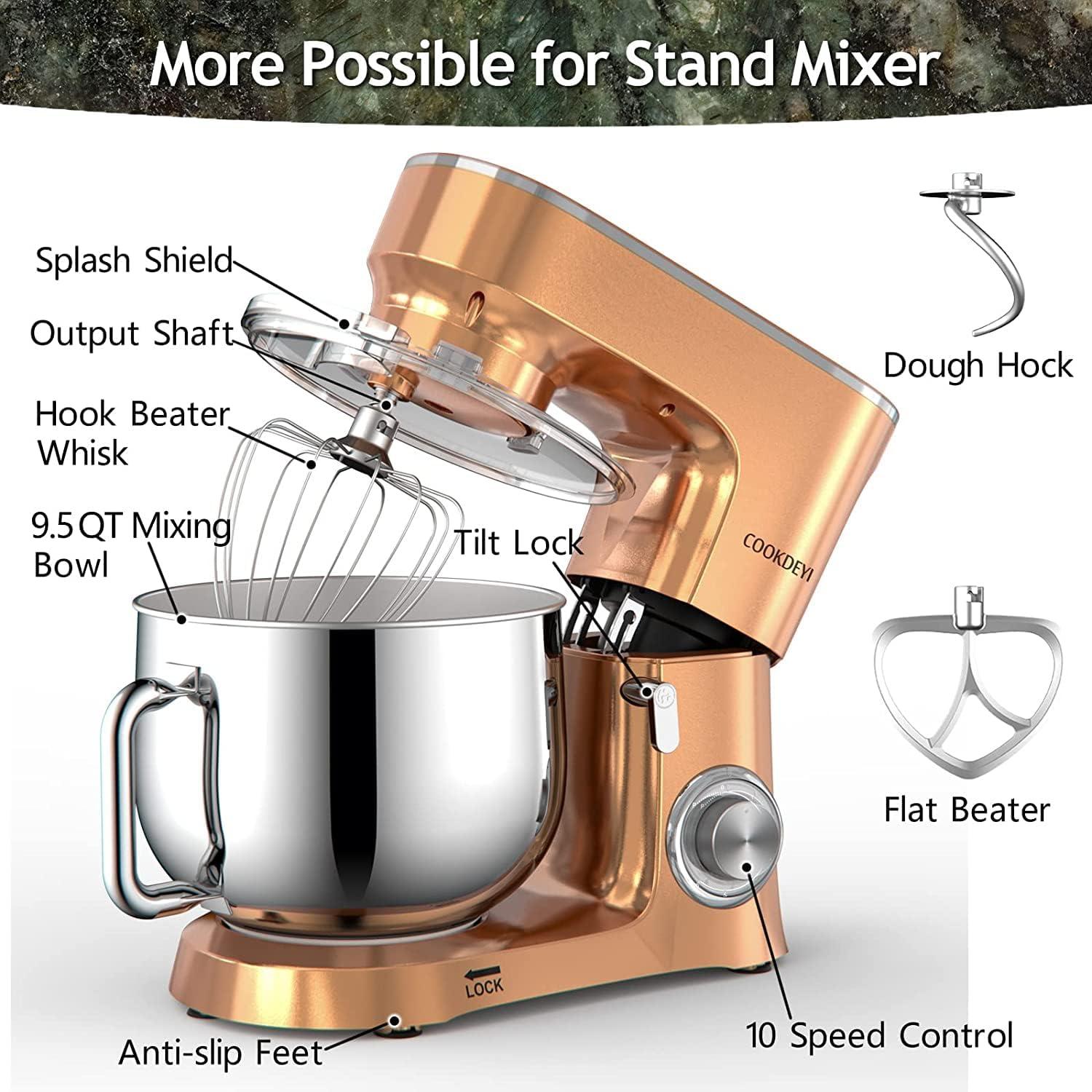 COOKLEE Stand Mixer, 9.5 Qt. 660W 10-Speed Electric Kitchen Mixer with Dishwasher-Safe Dough Hooks, Flat Beaters, Wire Whip & Pouring Shield Attachments for Most Home Cooks, Champagne