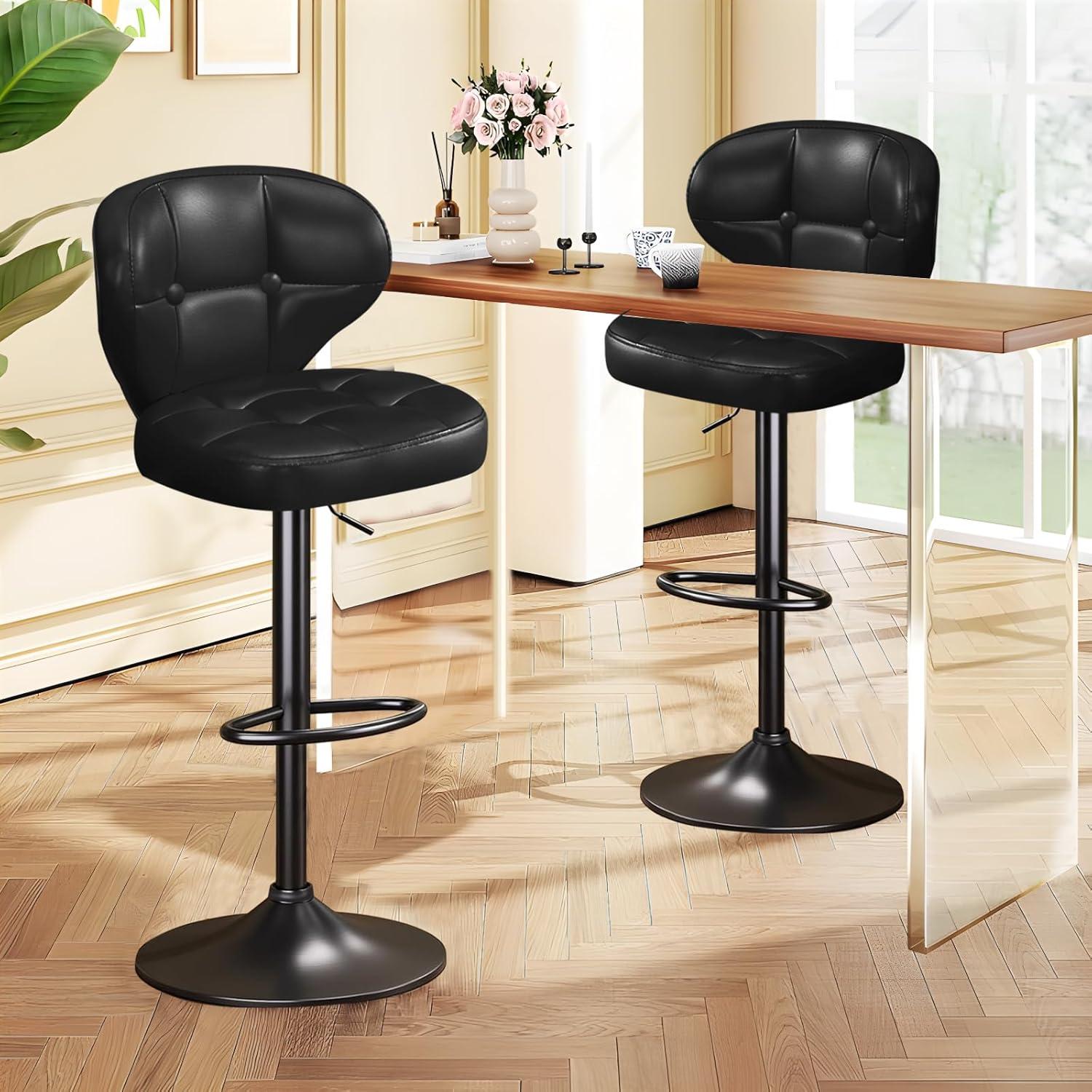 Bar Stools Set of 2, Adjustable Swivel Bar Chairs with 360° Rotation, Padded Counter Stools with Back and Footrest for Kitchen Island, Bistro, Cafe, and Home Use Black2