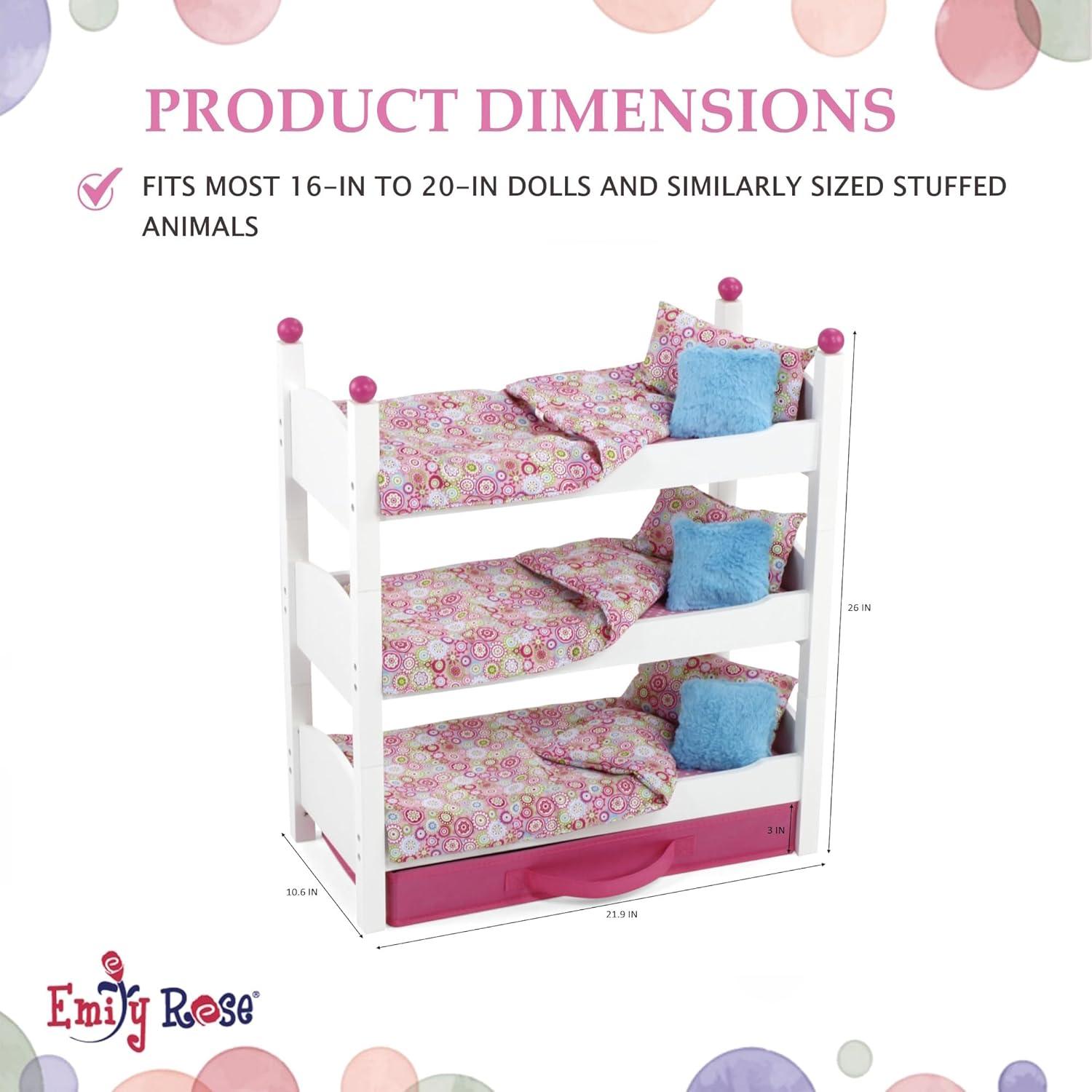 Emily Rose 18 Inch Doll Clothes Bunk - 18" Doll Stackable Triple Bunkbed Gift Set  | 18" Doll Bed with Doll Clothing Storage Drawer and 3 - 4 PC Doll Bedding Accessory Sets | Fits American Girl Dolls