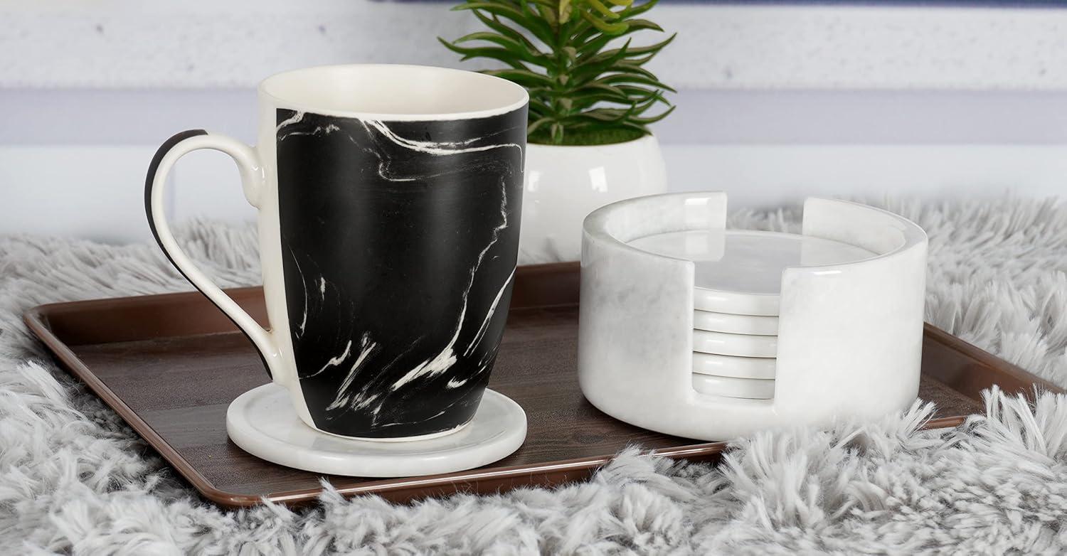 Radicaln White Marble Drink Coasters with Holder – 3.5" Round Handmade Coasters Set of 6 for Kitchen Table, Coffee Table, Bar, Home and Office Décor