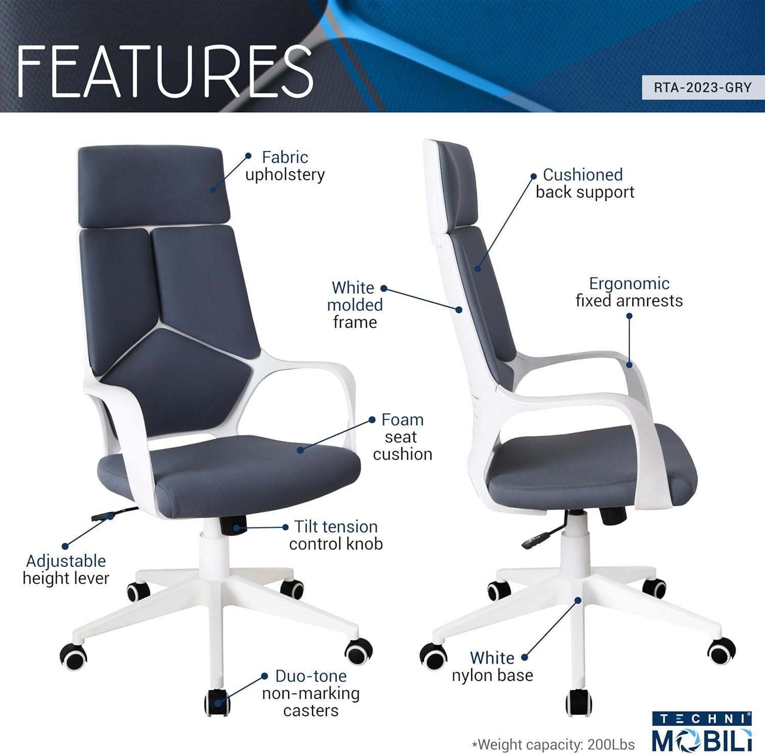 Modern Studio Office Chair Gray/White - Techni Mobili: Swivel, Adjustable, Ergonomic with Nylon Base