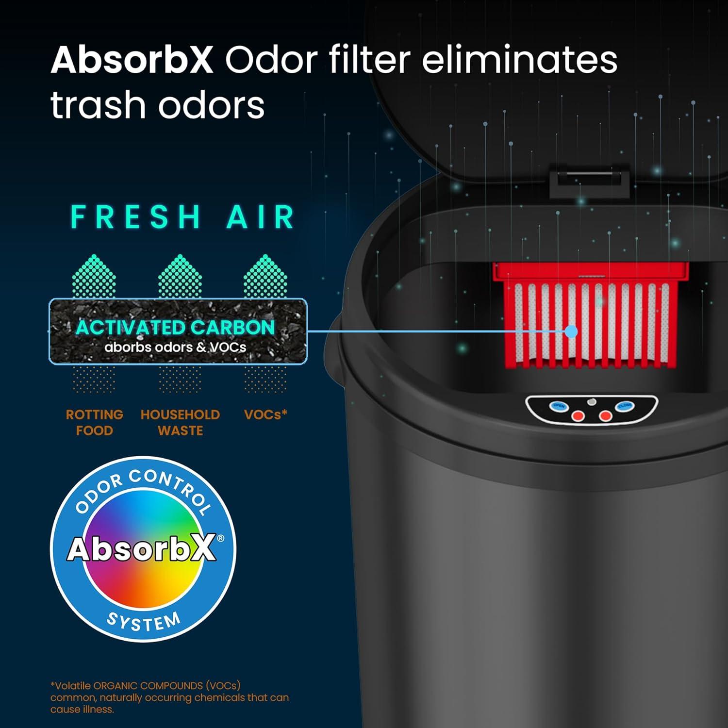 Black Touchless 8 Gallon Steel Trash Can with Odor Filter