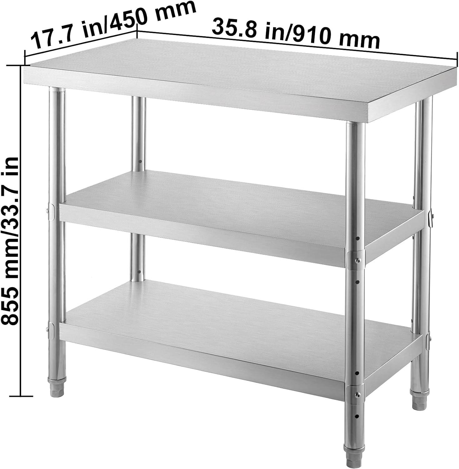 VEVORbrand Outdoor Food Prep Table, 36 x 18 x 34 Inches Commercial Stainless Steel Table, 2 Adjustable Undershelf Kitchen Work Table, for Garage, Home and Kitchen