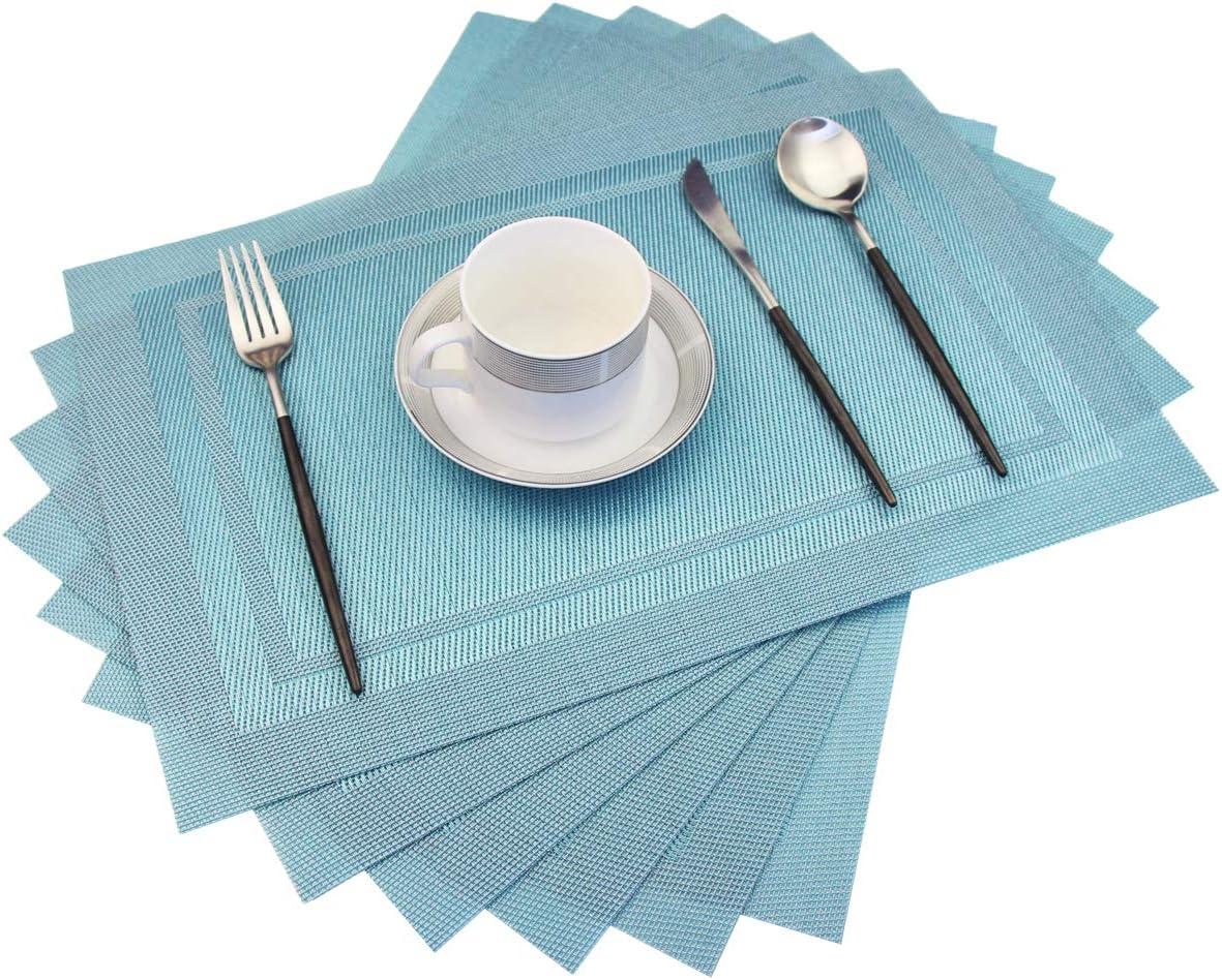 pigchcy Placemats, Heat Insulation Non Slip Plastic Placemats, Washable Easy to Clean Woven Vinyl Kitchen Stain Resistant Placemats for Dining Table Set of 6 (Sky Blue)