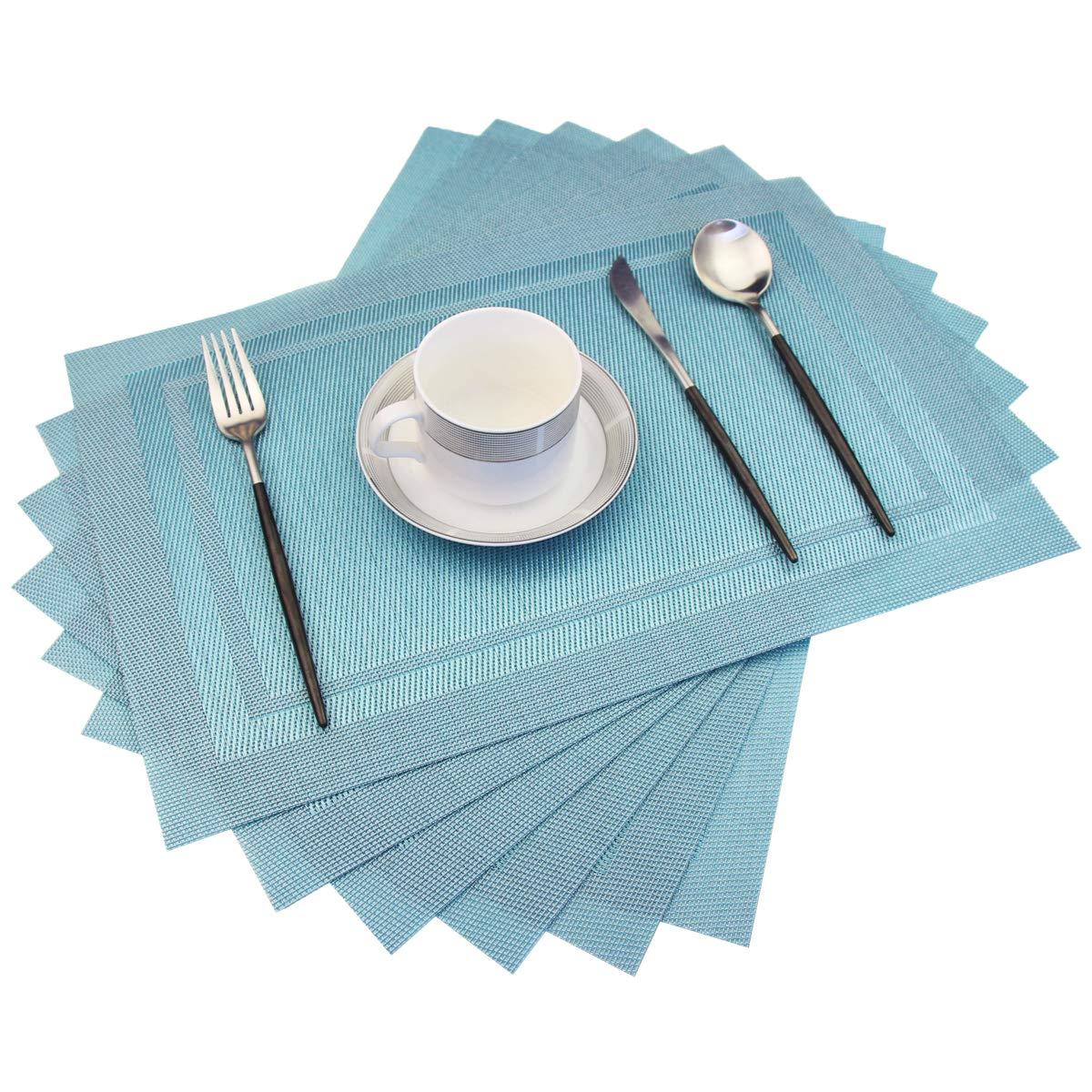 PIGCHCY Heat Insulation Non Slip Plastic Placemats,Washable Easy to Clean Woven Vinyl Kitchen Stain Resistant Placemats for Dining Table Set of 6 (Sky Blue)