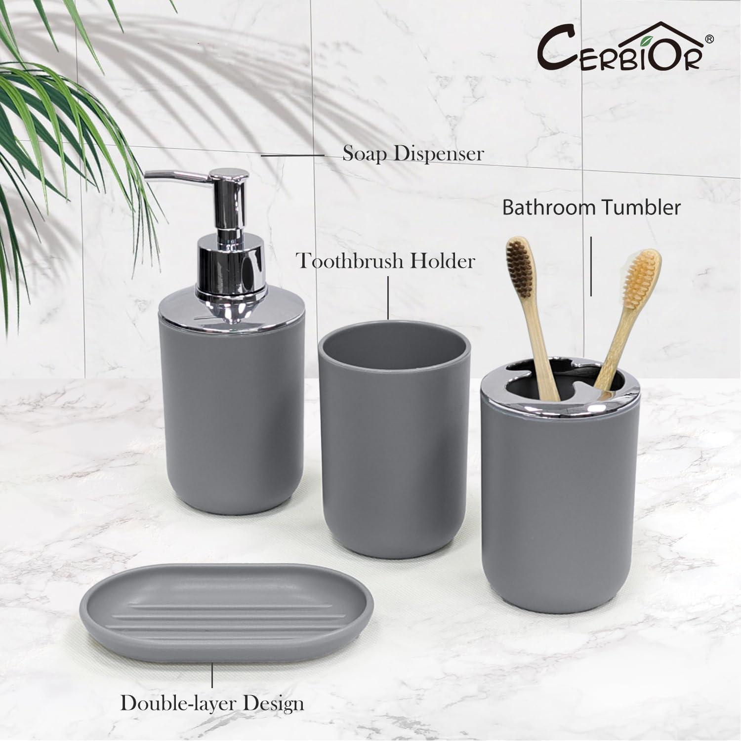 CERBIOR Bathroom Accessories Set Bath Ensemble Includes Soap Dispenser, Toothbrush Holder, Tumbler, Soap Dish for Decorative Countertop and Housewarming Gift (Grey)