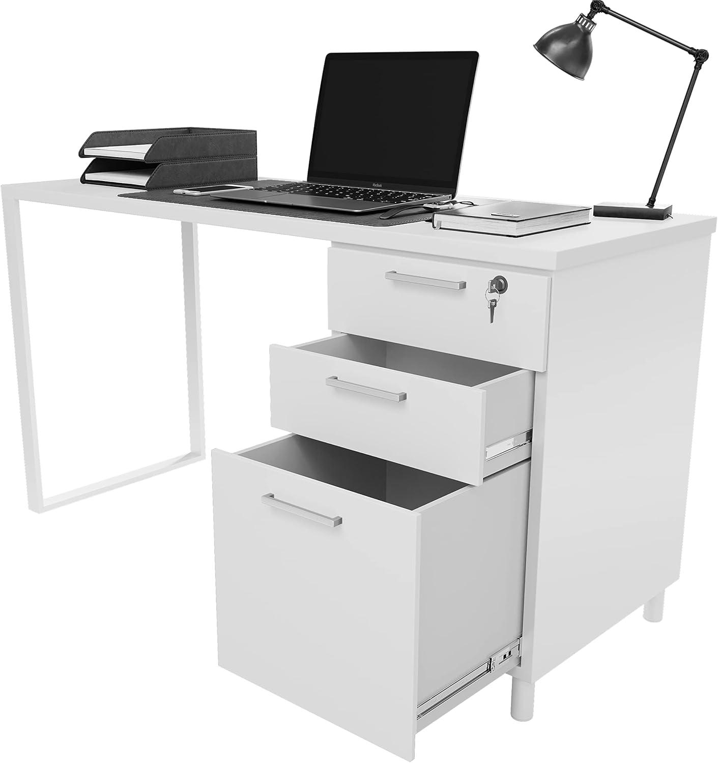 Modern Designs by Crafts and Comfort Milano Modern Home & Office Computer Desk - 47 Inch with 3 Locking Drawers - Wooden Study Writing Desk with Storage Space - White