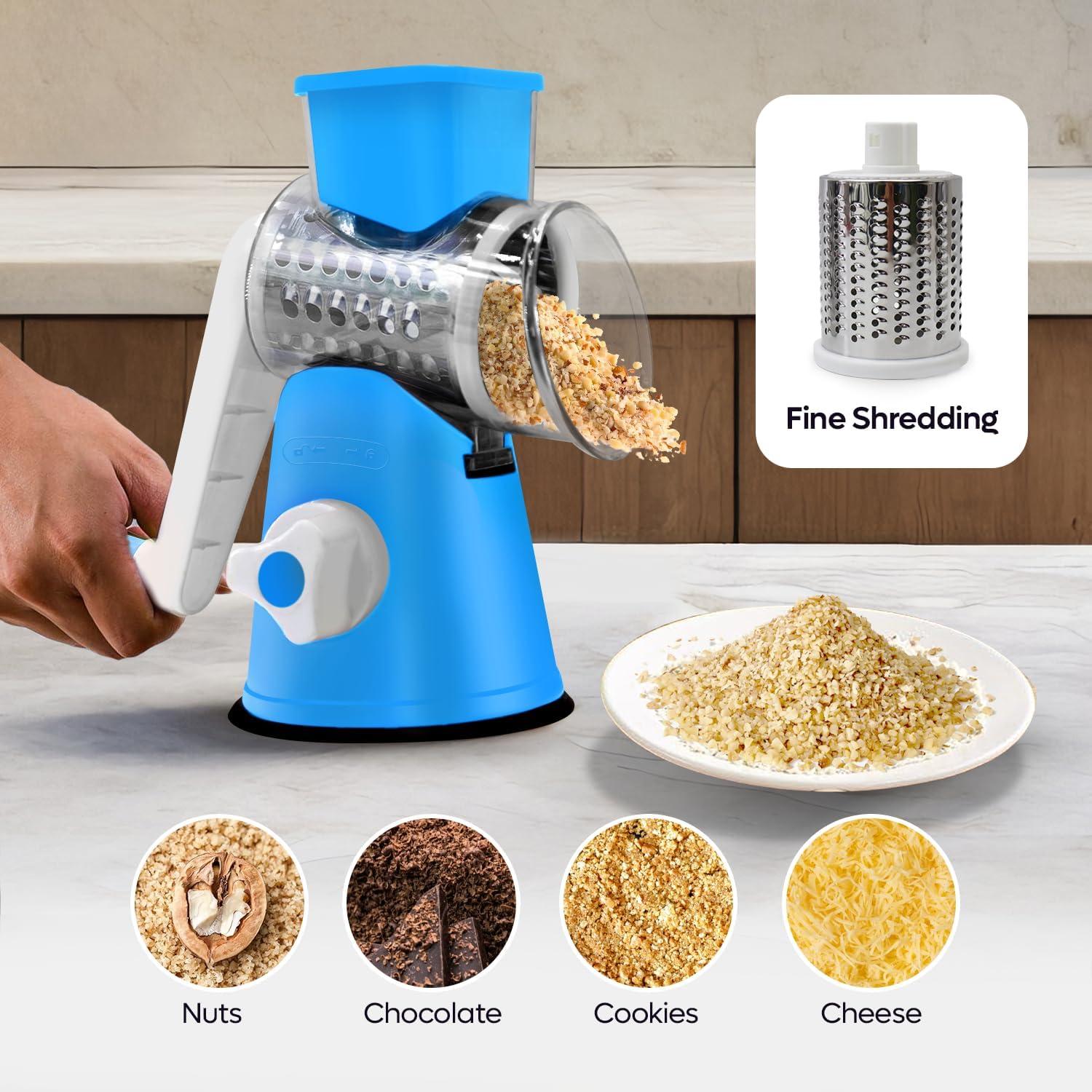 Nutrichef Rotary Cheese Grater with Handle and 3 Replaceable Drum Blades