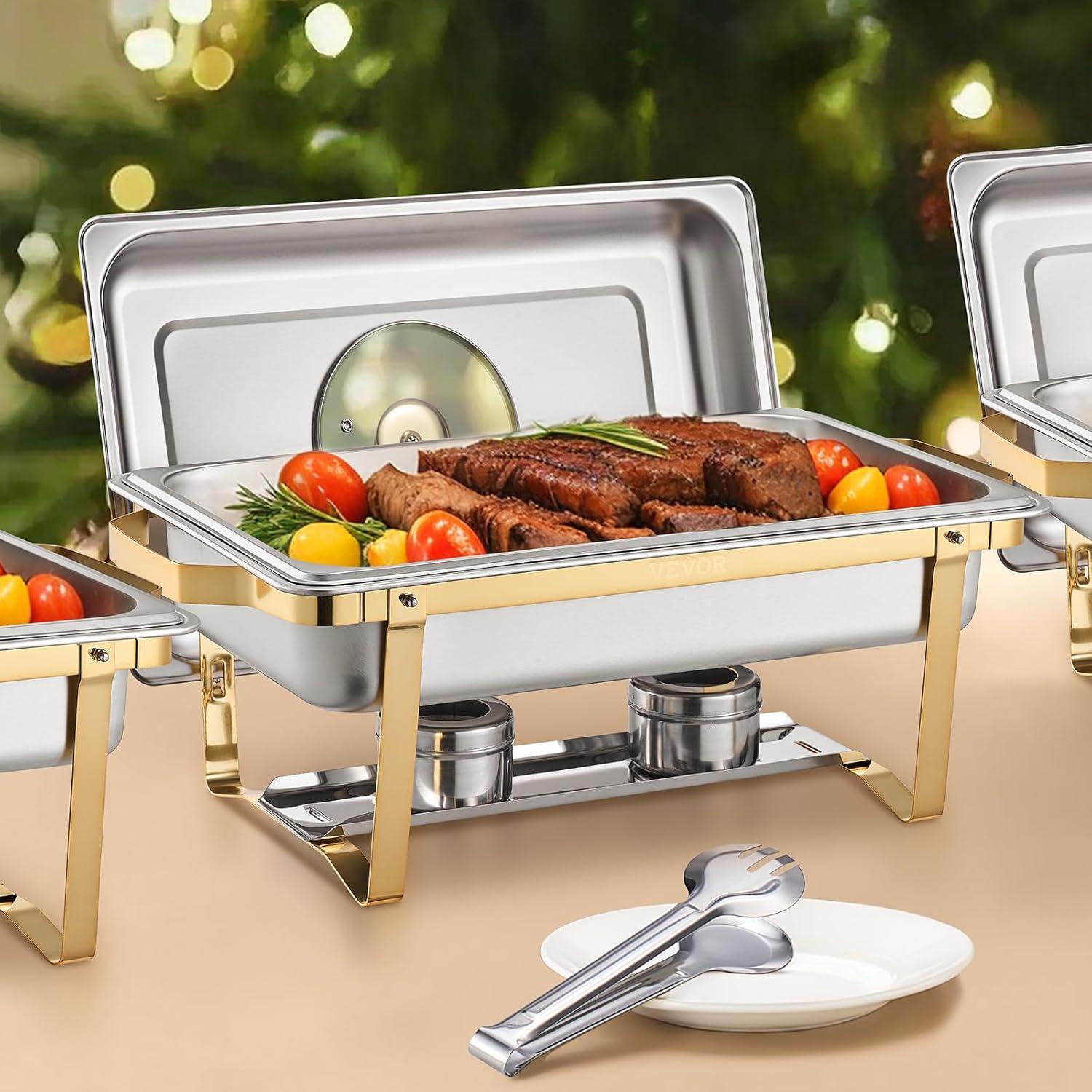 VEVOR Chafing Dish Buffet Set, 8 Qt 4 Pack, Stainless Steel Chafer with 4 Full Size Pans, Rectangle Catering Warmer Server with Glass Lid Water Pan Folding Stand Fuel Holder, for Wedding Party Banquet