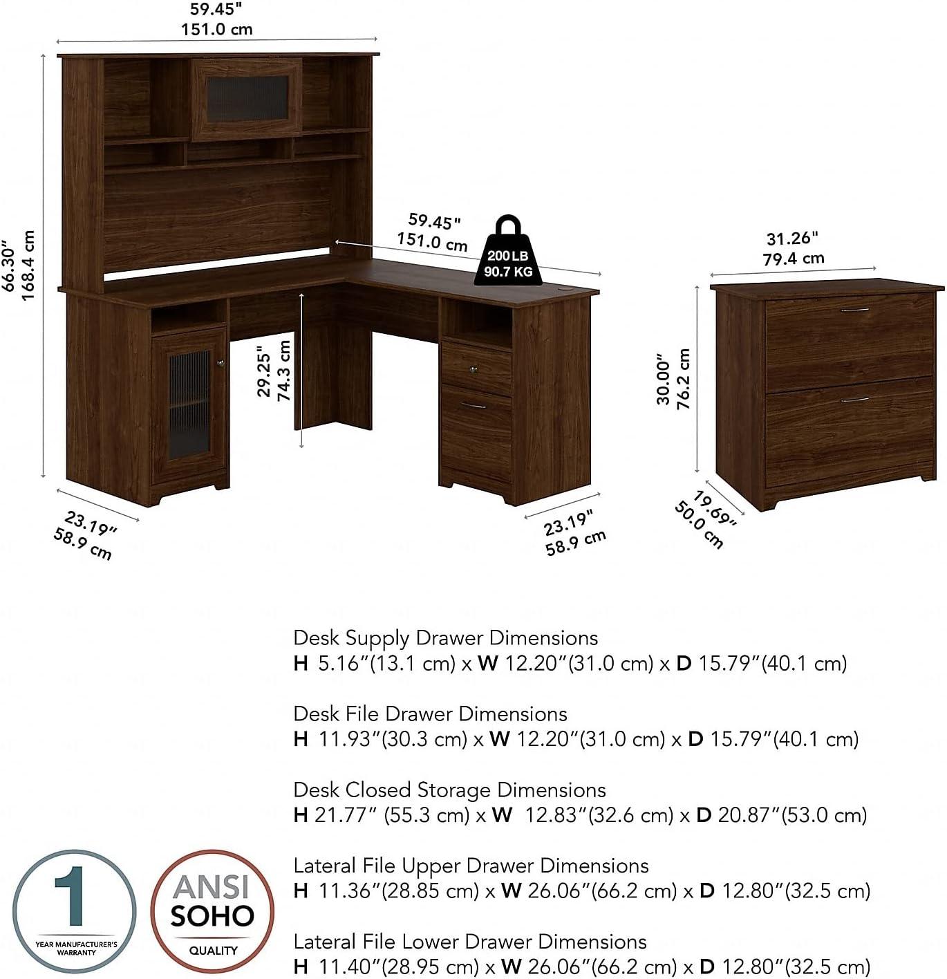 Cabot L Desk with Hutch & File Cabinet in Modern Walnut - Engineered Wood