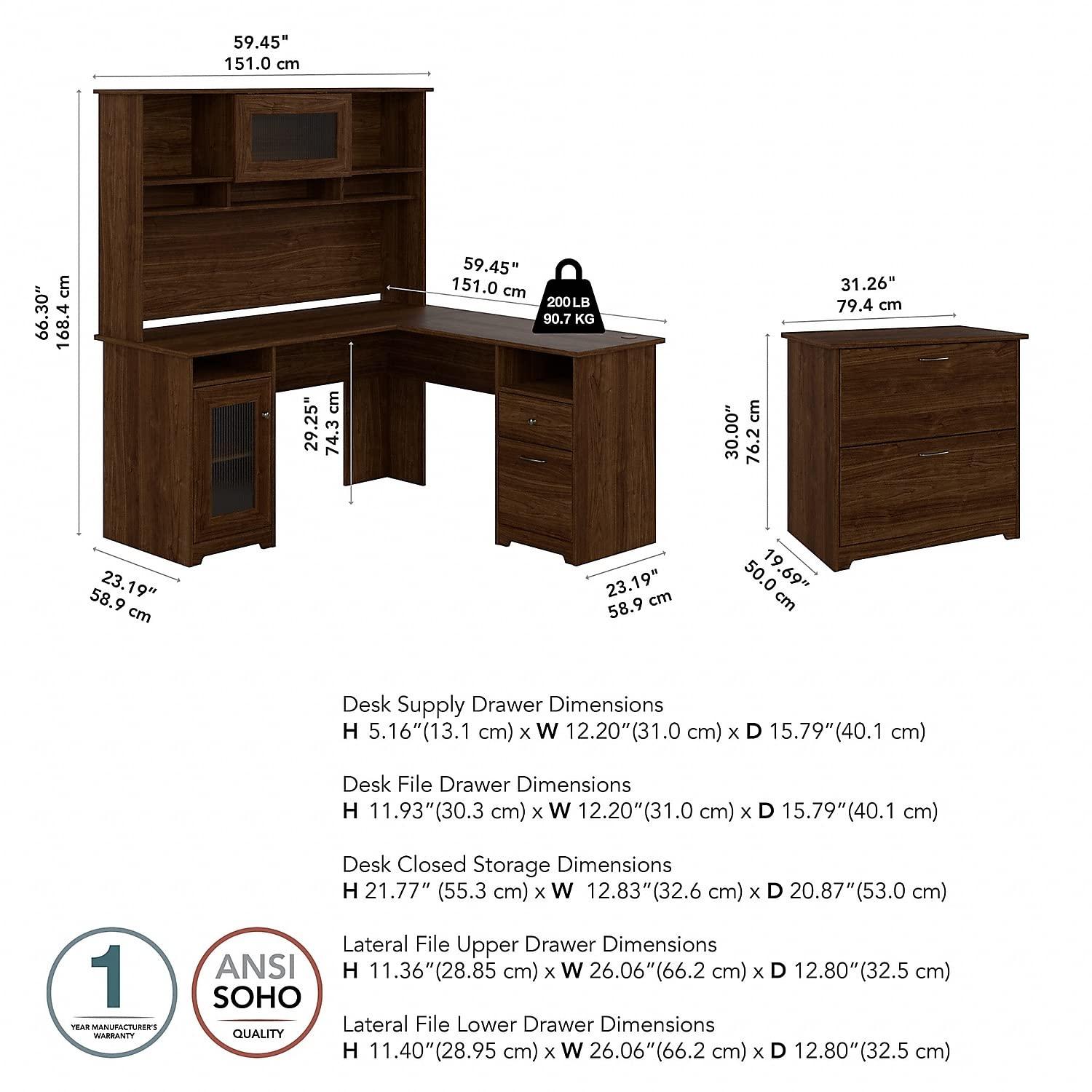Cabot L Desk with Hutch & File Cabinet in Modern Walnut - Engineered Wood