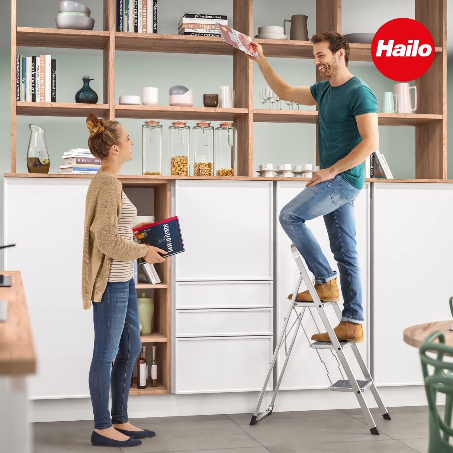 Hailo USA Inc. Hailo Folding Step Stool, Non-Slip 3 Step Ladder for Home & Kitchen, K70, Silver