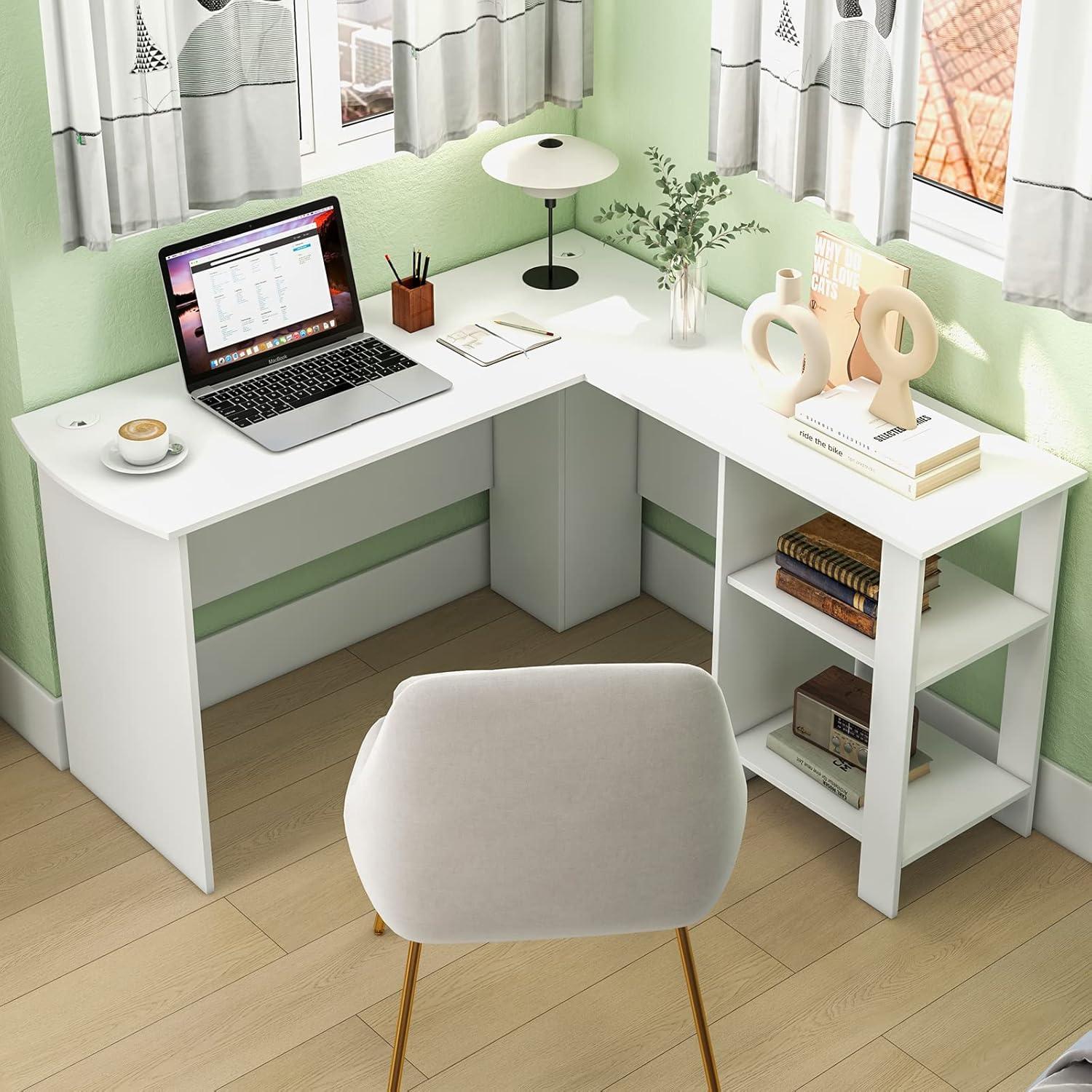 White L-Shaped Corner Writing Desk with Storage Shelves