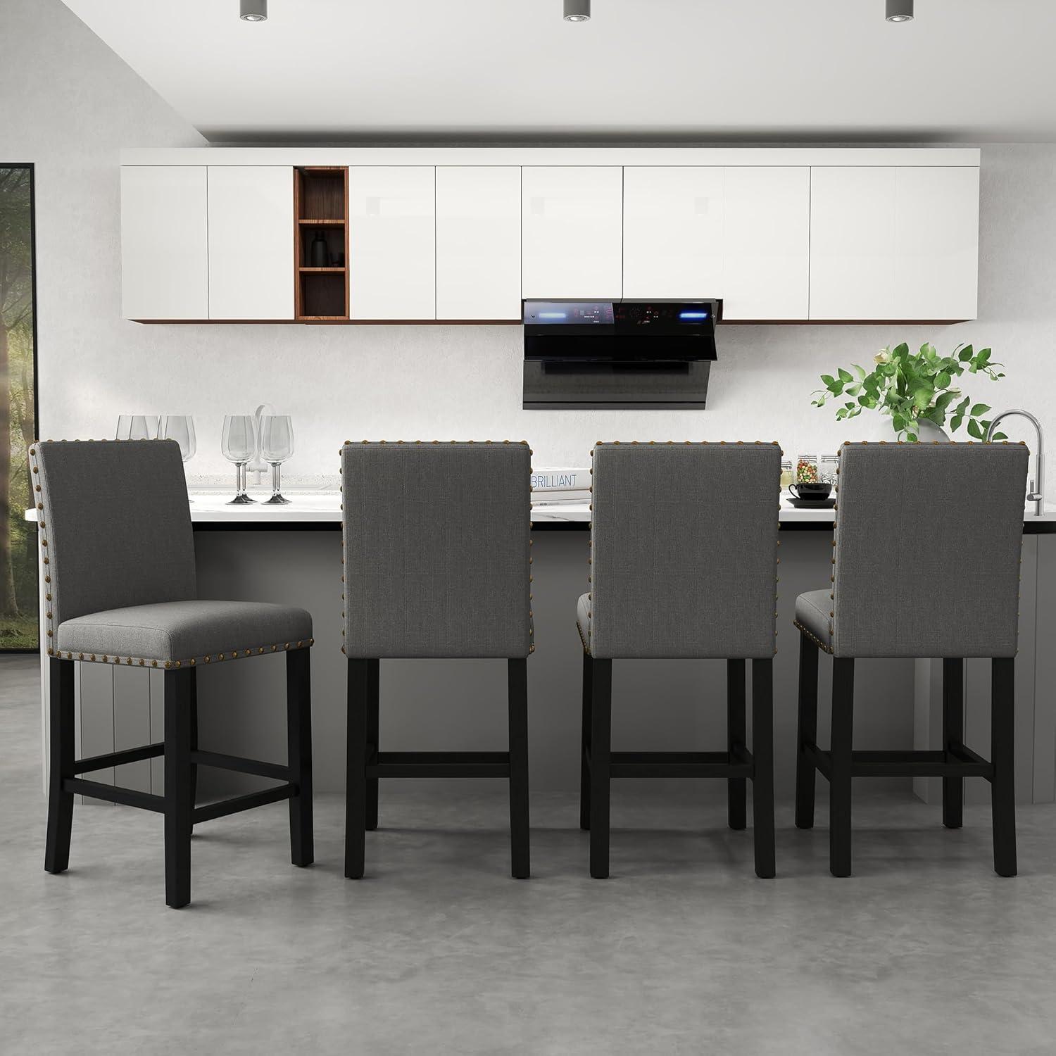 GOTMINSI Counter Height Bar Stool, Classic Upholstered 24 Inches Counter Height Stools Set of 4 barstools with Solid Wood Legs and Grey Fabric