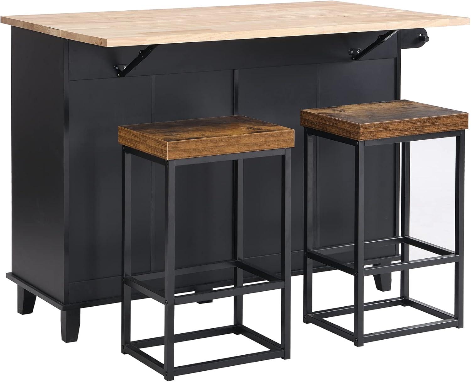 Black and Rustic Brown Kitchen Island Set with Drop Leaf and Stools