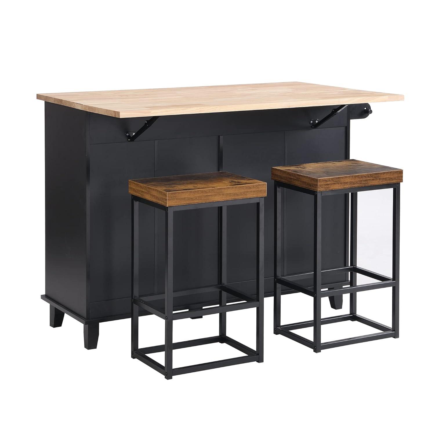 Harper & Bright Designs Kitchen Island Set with 2 Seatings and Drop Leaf, Farmhouse Dining Table Set with Storage Cabinet, Drawers and Towel Rack, Black