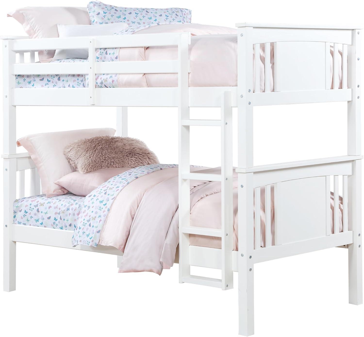 White Twin Over Twin Wood Bunk Bed with Ladder and Guardrail