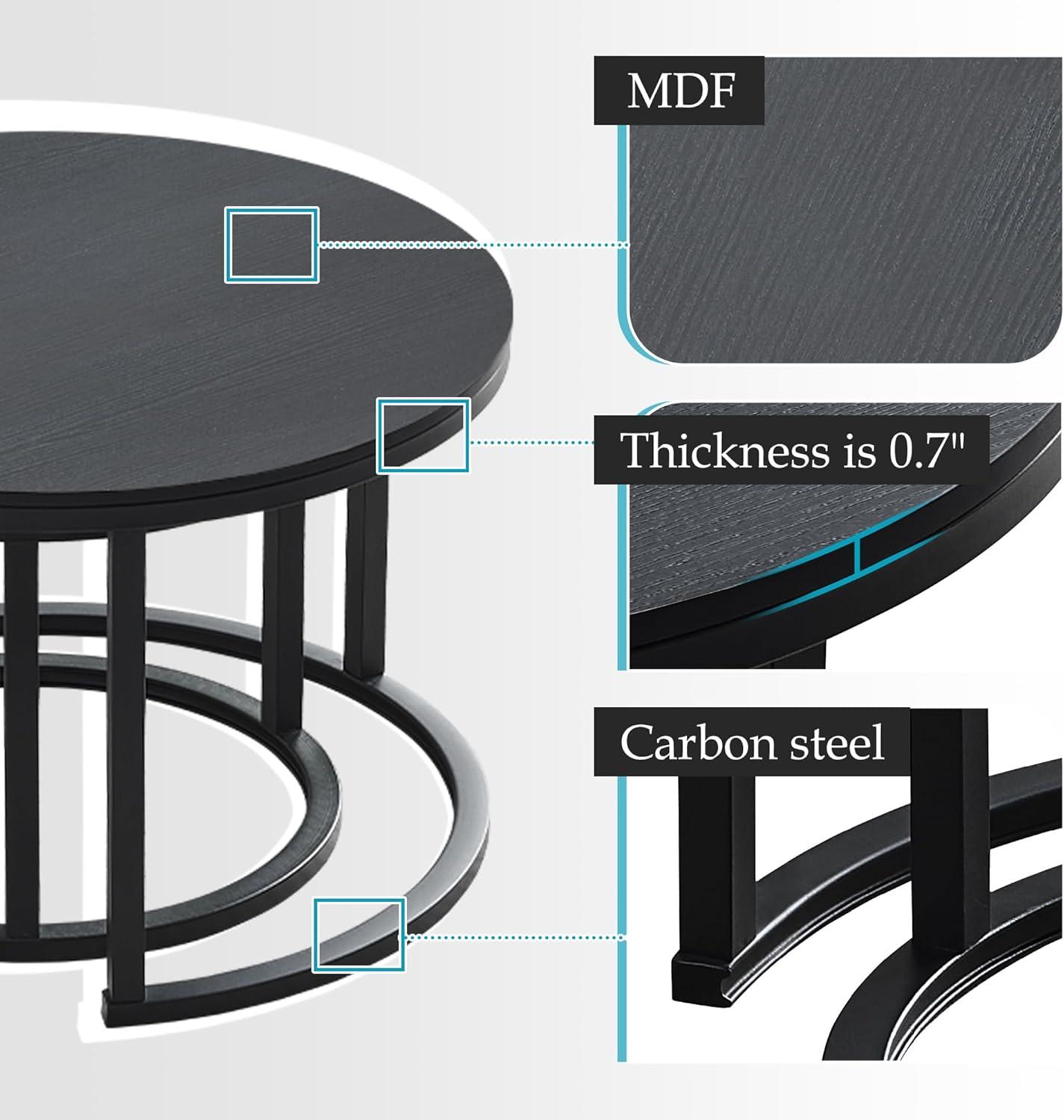 DEXTRUS Round Nesting Coffee Table Set of 2, Snack End Table with Metal Frame for Living Room, White & Black