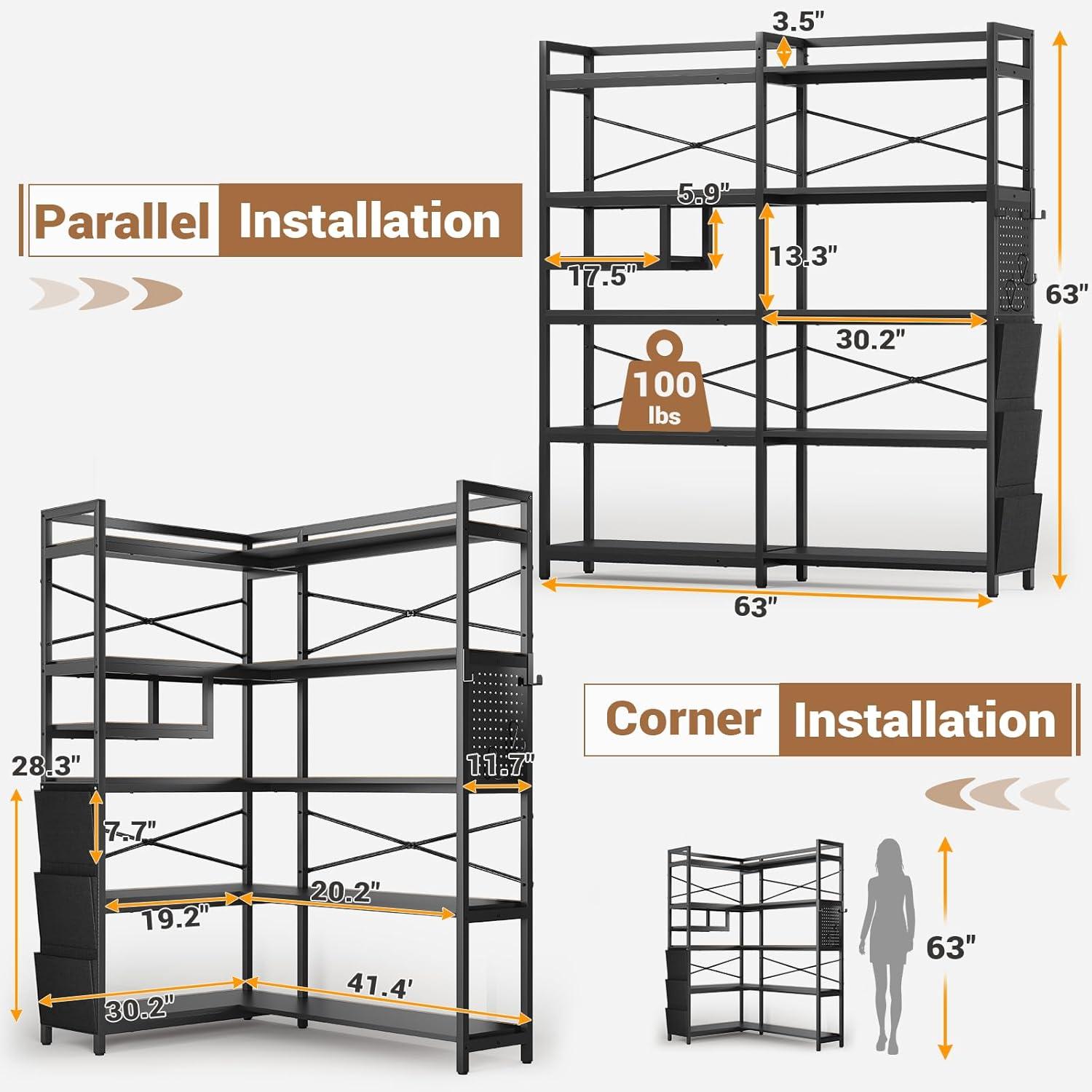 5-Tier Book Shelf with LED Light, 63" Reversible Storage Shelves, Corner Bookshelf with Storage Bag and Pegboard, Black