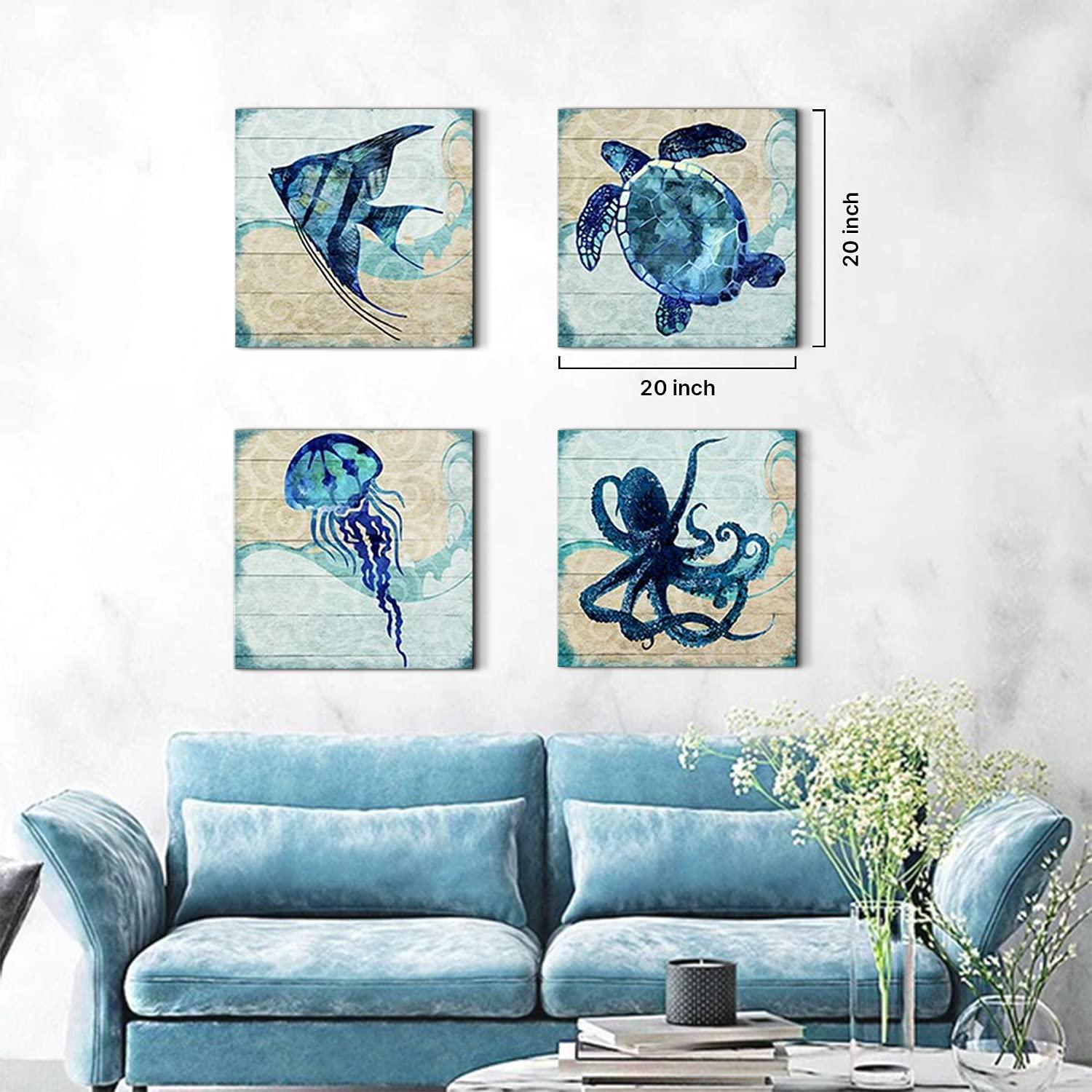 Navy Blue Bathroom Beach Decor Ocean Animals Wall Art Kids Nursery Room Paintings Canvas Rustic Sea Turtle Octopus Jellyfish Fish Pictures Artwork for Bedroom Living Room Home Decorations 16x16” 4Pcs