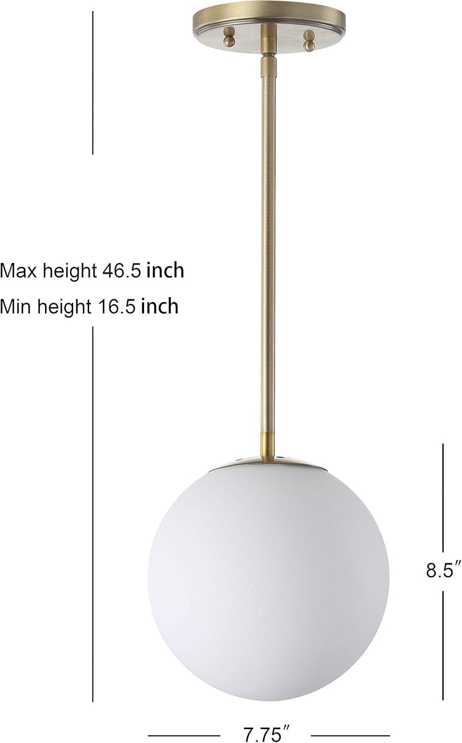 Bleecker 7.75" Metal/Glass Globe LED Pendant, White/Brass