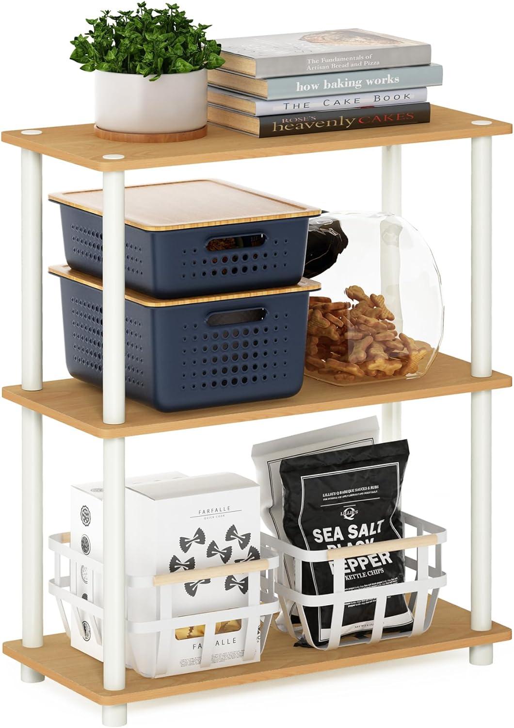 Furinno 3-Tier Decorative Bookshelf Open Multipurpose Shelf Bookcase Freestanding Display Rack with Classic Tube,Beech/White