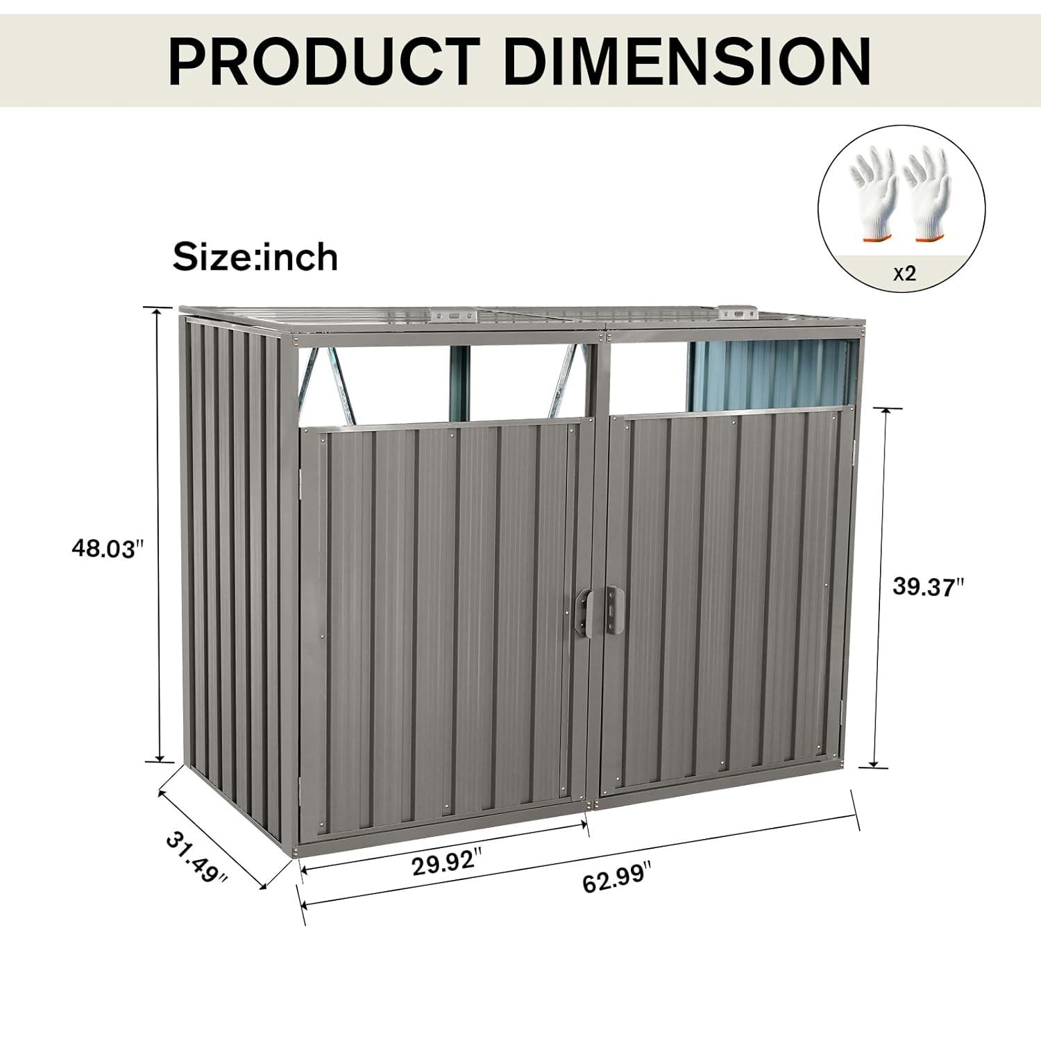 KAQCVIN Garbage Bin Shed Stores 2 Trash Cans Metal Outdoor Bin Shed
