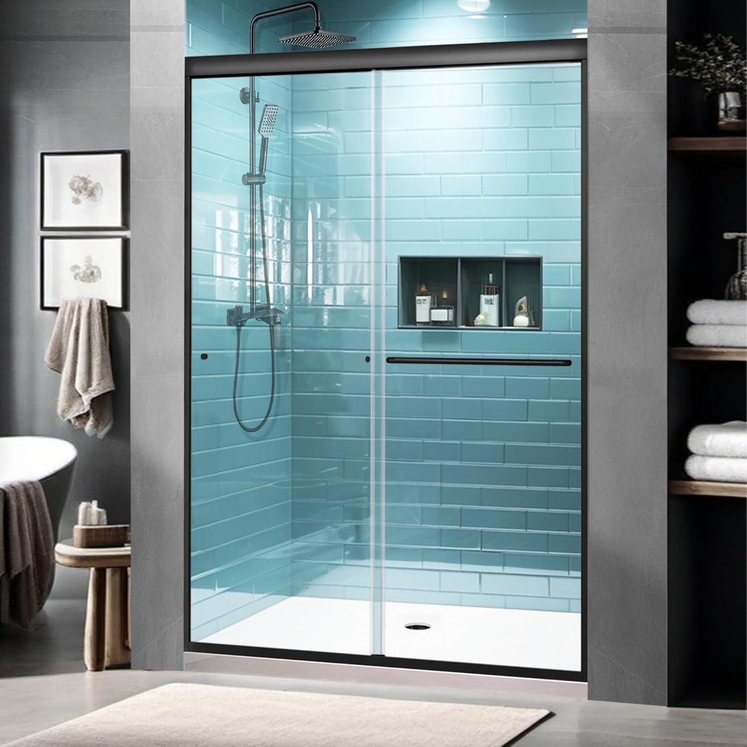 Matte Black Framed Sliding Shower Door with Clear Glass