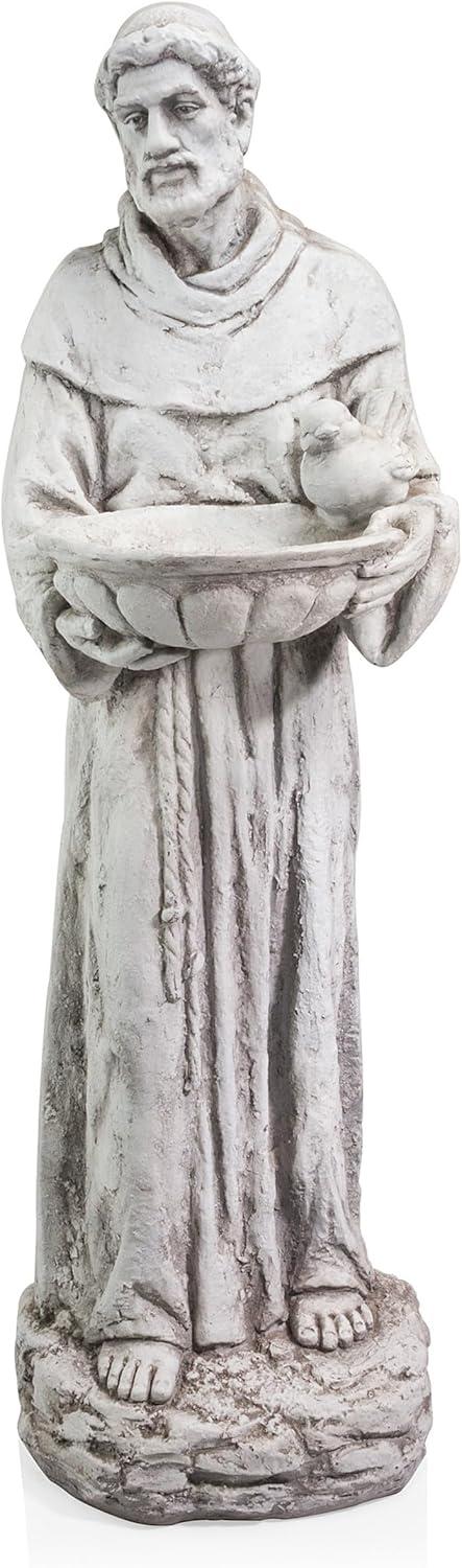 45 in. Tall Outdoor Saint Francis Birdbath Statue Yard Art Decoration, Light Gray