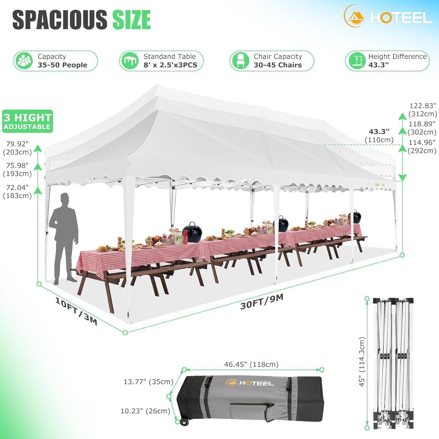 10'x30' EZ Outdoor Pop Up Canopy Tent, Waterproof and Sunproof Beach Canopy with 8 Removable Sidewalls, Heavy Duty Party Wedding Canopy, Height Adjustable Comes with 4 Sandbags, Rolling Bag (White)