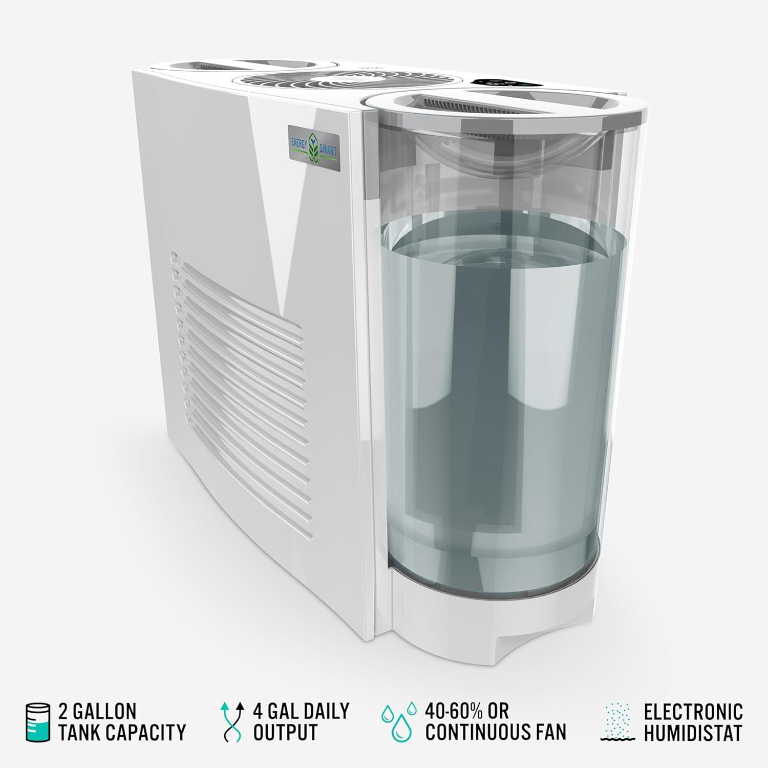 QUALITY FLOORING INC. Energy Smart Evaporative Humidifier With Automatic Shut-Off, 2 Gallon Capacity, LED Display, Simpletank For Easy Fill And Cleaning, Dual Tank, Electronic Humidistat, 4 Fan Speeds