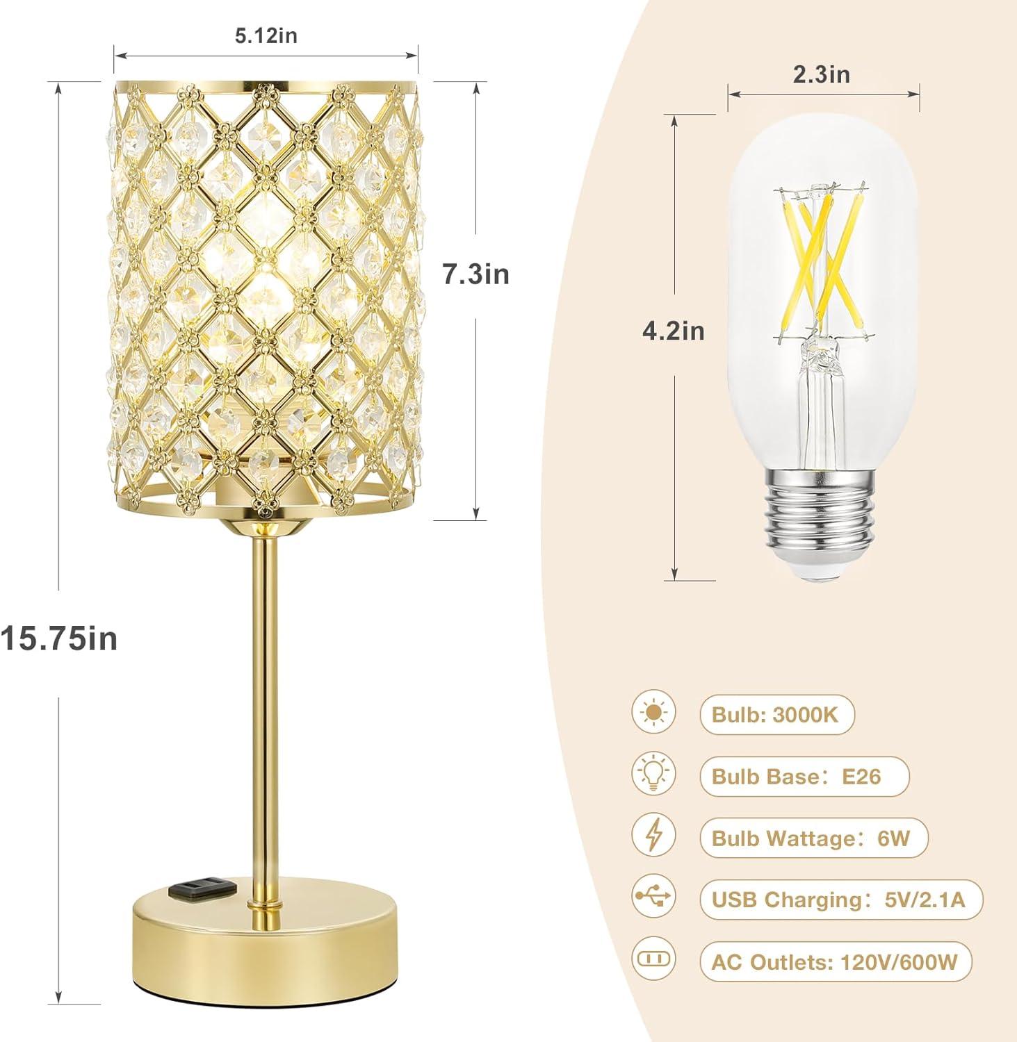 Crystal Touch Control Table Lamp - Dimmable Bedside Lamp with USB-C+A and AC Charging Ports, 3-Way USB Gold Lamp, Desk Light for Bedroom, Living Room, Home Office (Bulb Included, Set of 2)