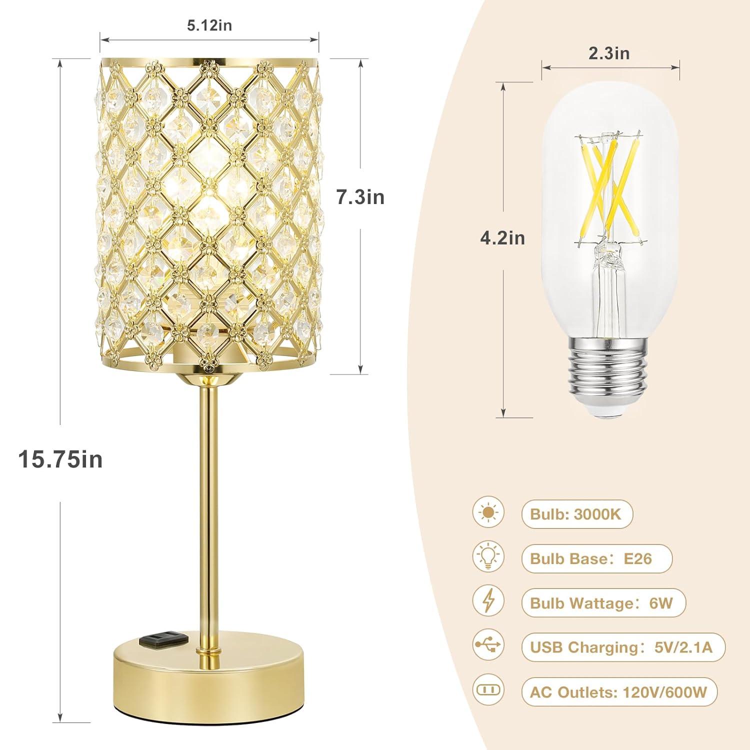 Crystal Touch Control Table Lamp - Dimmable Bedside Lamp with USB-C+A and AC Charging Ports, 3-Way USB Gold Lamp, Desk Light for Bedroom, Living Room, Home Office (Bulb Included, Set of 2)