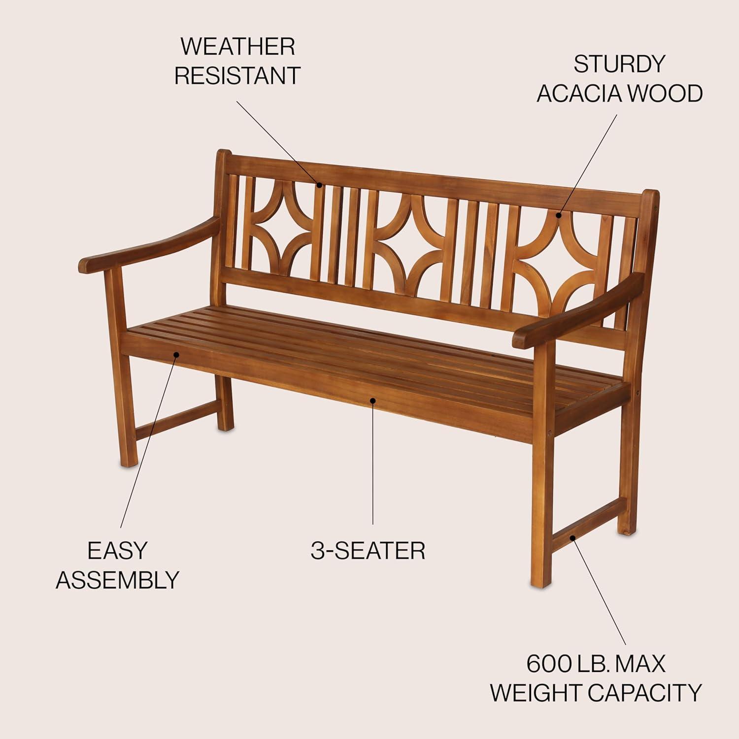 Sloane 3-Seat Ogee Diamond-Back Acacia Wood Outdoor Garden Patio Bench - JONATHAN Y