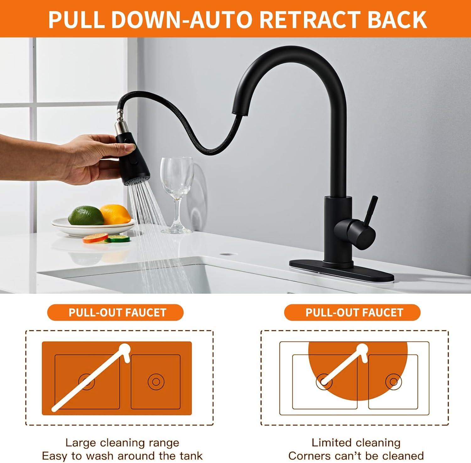 Matte Black Stainless Steel Kitchen Faucet with Pull-out Spray