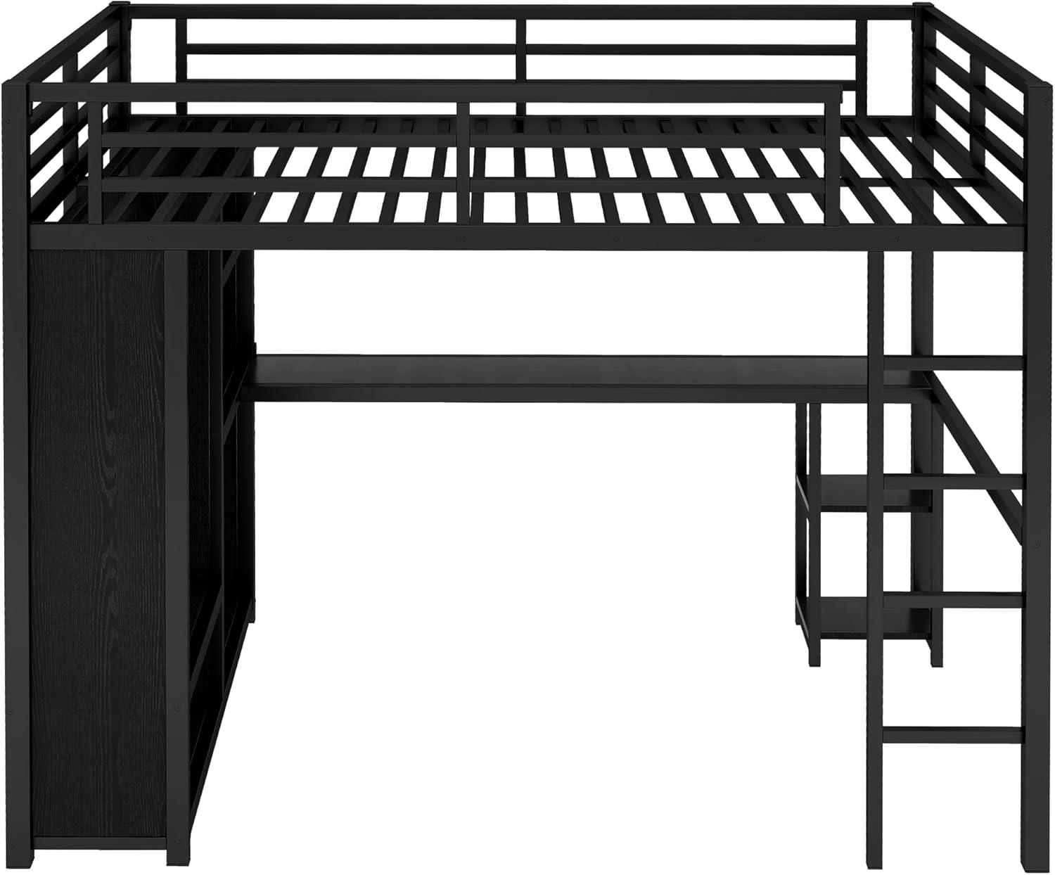 Bellemave Queen Size Loft Bed with Desk and Wardrobe Metal Loft Bed with Storage Shelves Loft Bed Frame with Guardrails for Kids, Teens, No Box Spring Needed (Queen, Black)