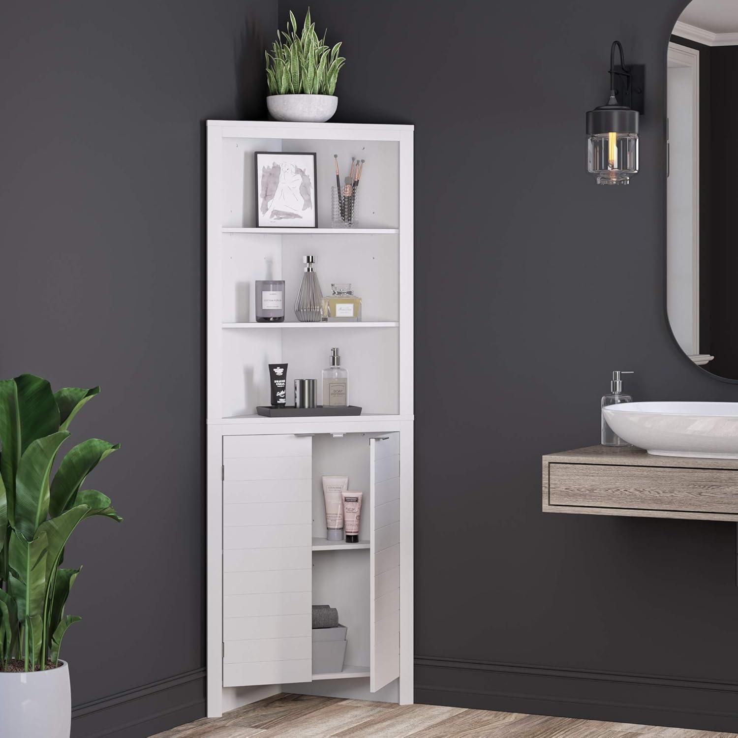 White Tall Corner Storage Cabinet with Adjustable Shelving