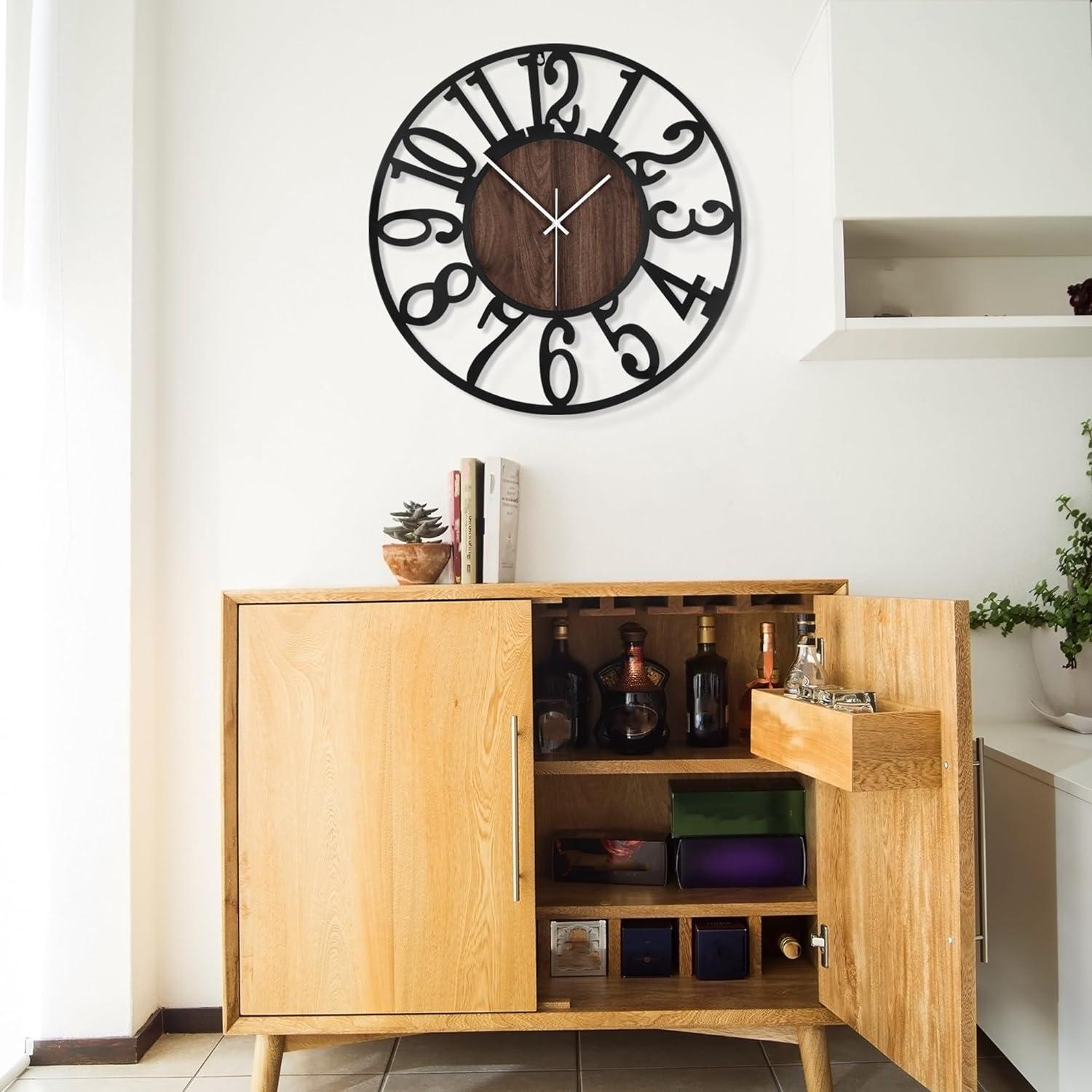 Oversized Black and Wood Silent Vintage Modern Wall Clock